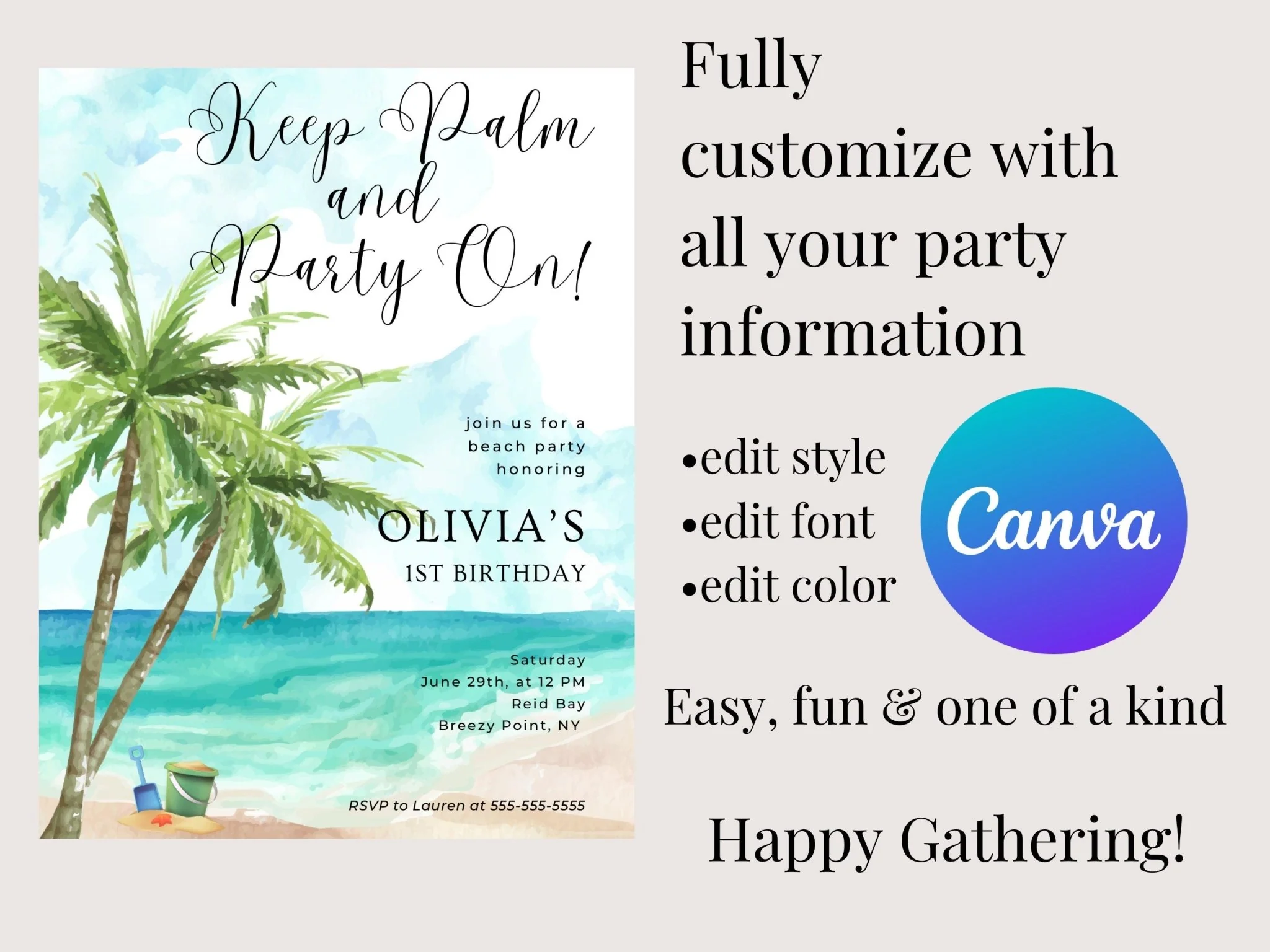Keep Palm and Party On Birthday Invitation, Beach Party Invitation, Beach Themed Birthday, Children's Birthday Party Invitation