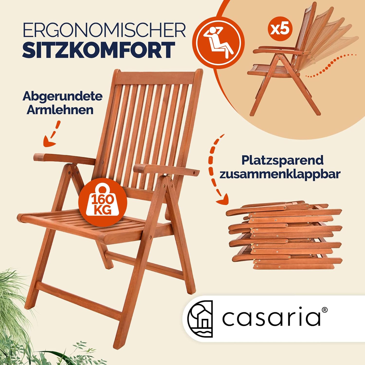 Casaria® 2er Set Gartenstuhl Balkonstuhl Holz FSC®-Zertifiziert Eukalyptus Klappbar Rückenlehne 5-Fach Verstellbar 55x70cm Garten Balkon Terrasse Klappstuhl Hochlehner Braun