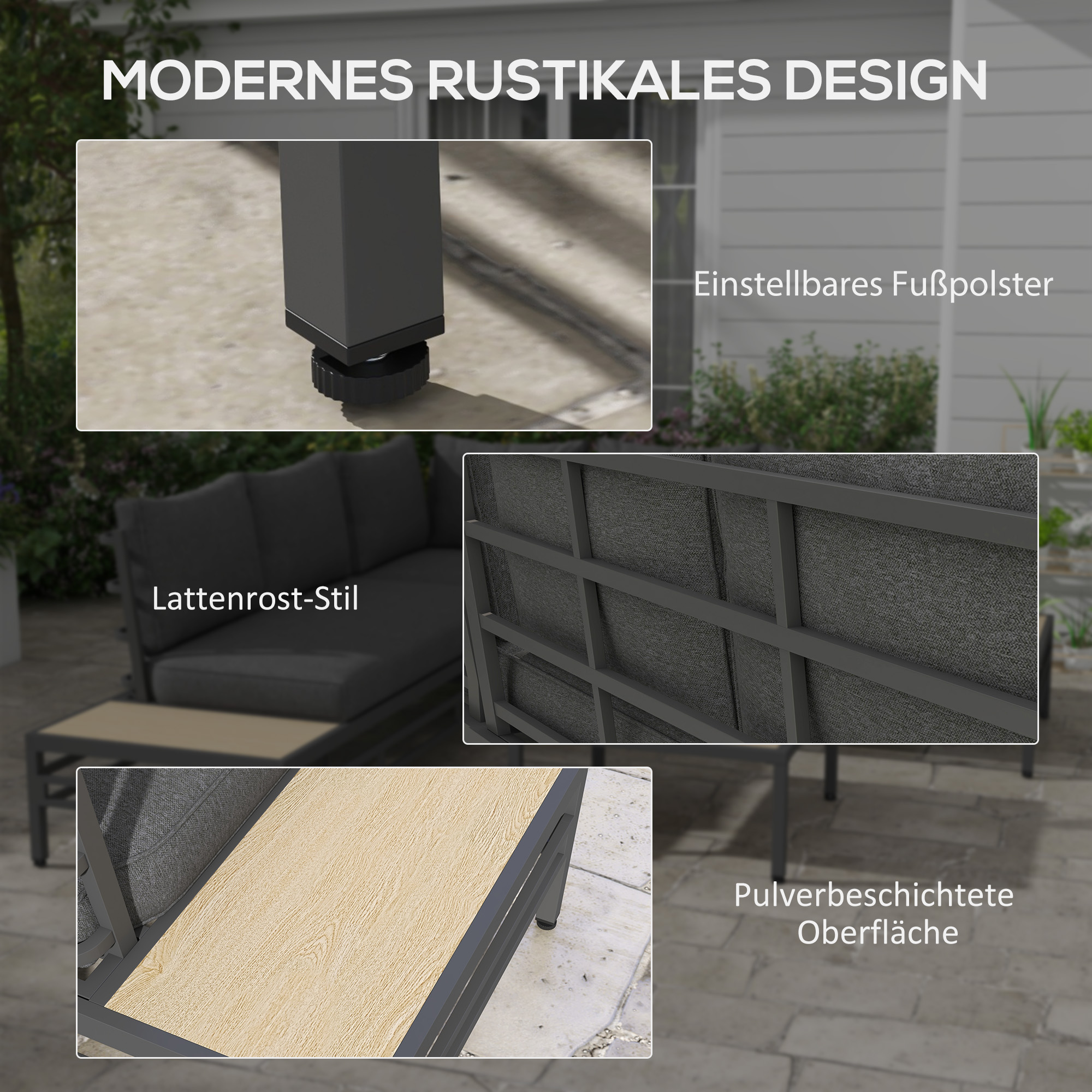 Tuinset Tuinmeubelset Lounge Set, 1 Salontafel, 2 Bijzettafels, 2 Banken, Donkergrijs + Lichtbruin + Zwart
