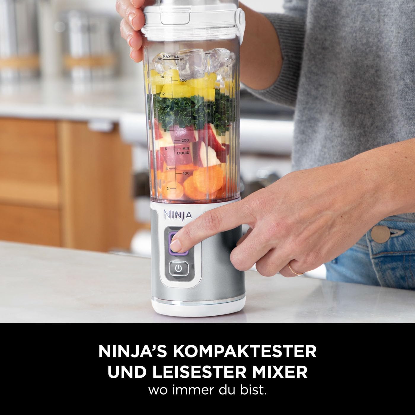 Ninja Blast Tragbarer Mixer / Blender / Smoothie Maker, 530ml Becher, Auslaufsicherer Deckel, Leistungsstarker Mini Standmixer, Kabellos & Wiederaufladbar, Zerkleinert Eis & Obst, Schwarz, BC151EUBK