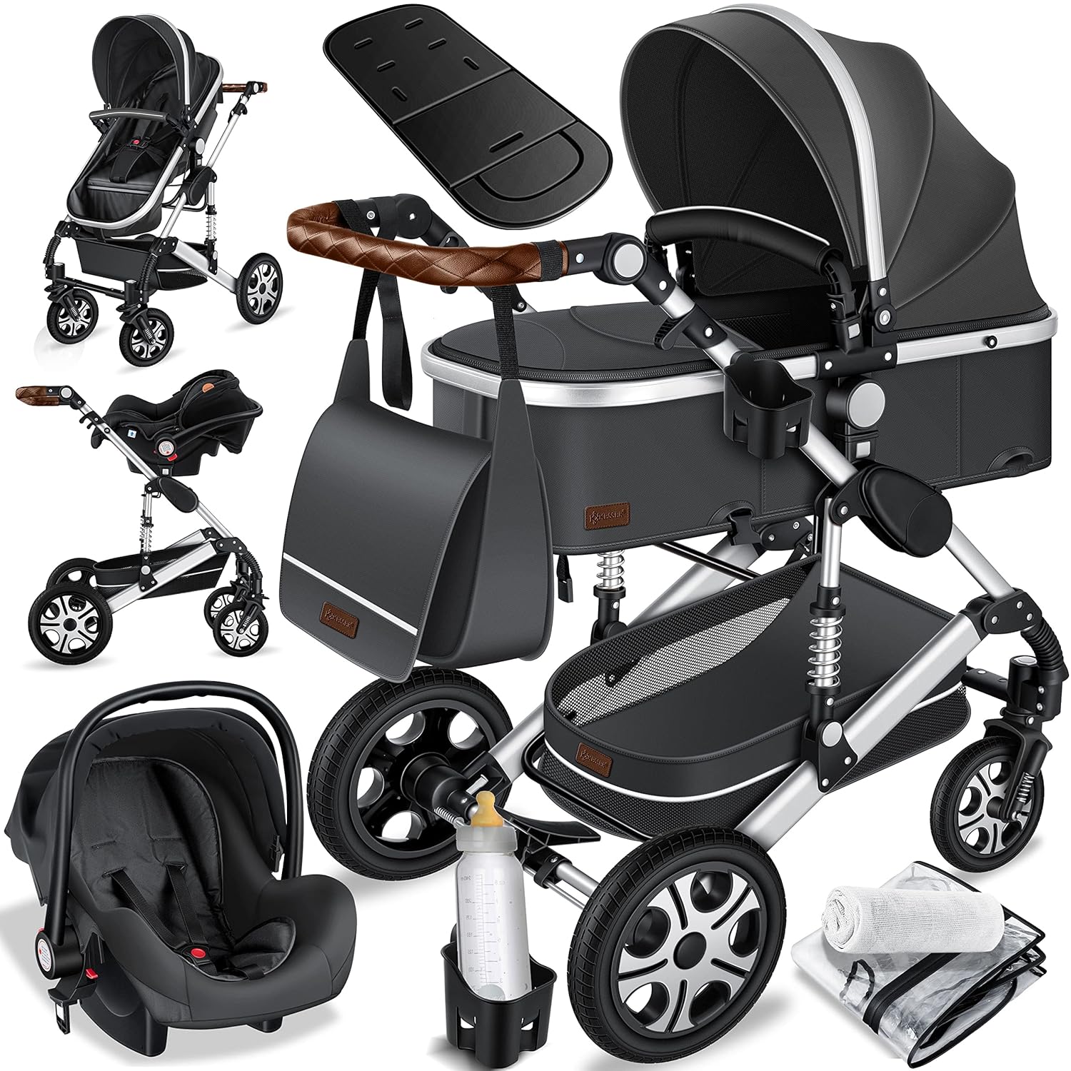 KESSER® Loops 3 in 1 Kinderwagen Kombikinderwagen Komplett-Set inkl. Babywanne & Buggy Sportsitz & Auto-Babyschale Voll-Gummireifen Wickeltasche Regenschutz Kindertisch ECE R129, Schwarz/Champagne