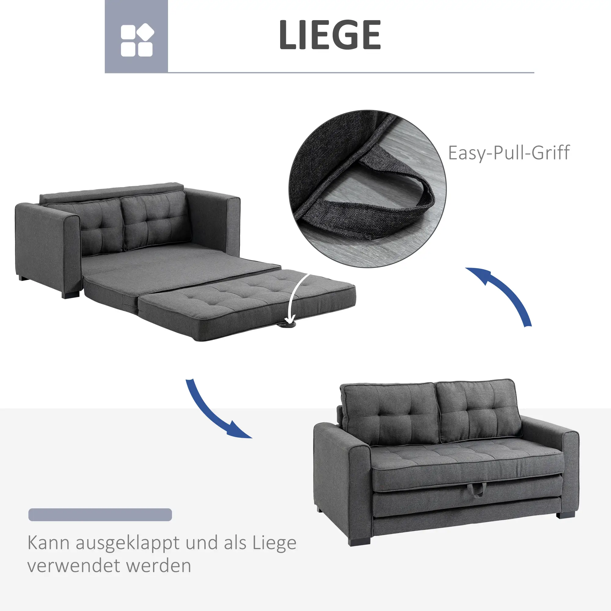 HOMCOM Schlafsofa 2-Sitzer ausziehbar Massivholz Federung Grau