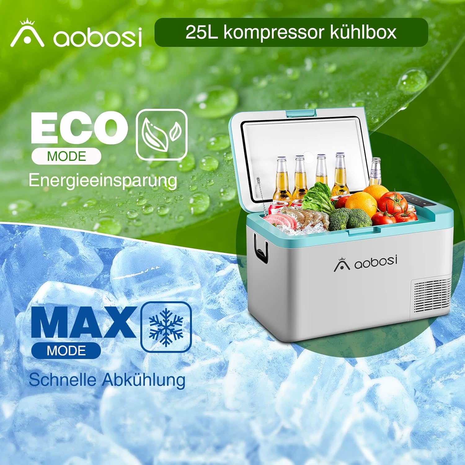 AAOBOSI Compressor Cool Box 36 L, Cool Box Car with WiFi App Control, 12/24 V and 100-240 V Electric Cool Box, up to -20 °C for Car, Truck, Boat, Motorhome, Camping, Double Zone