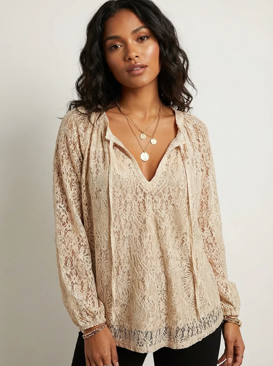Damenbluse mit Spitze im Boho-Stil | Luftige Sommerbluse locker geschnitten | Feminine Spitzenbluse f��r Freizeit und Urlaub