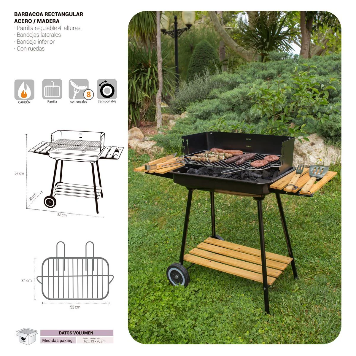 Barbacoa De Carbón Chiara Con Parrilla De Acero Negra De 67x38x83 Cm