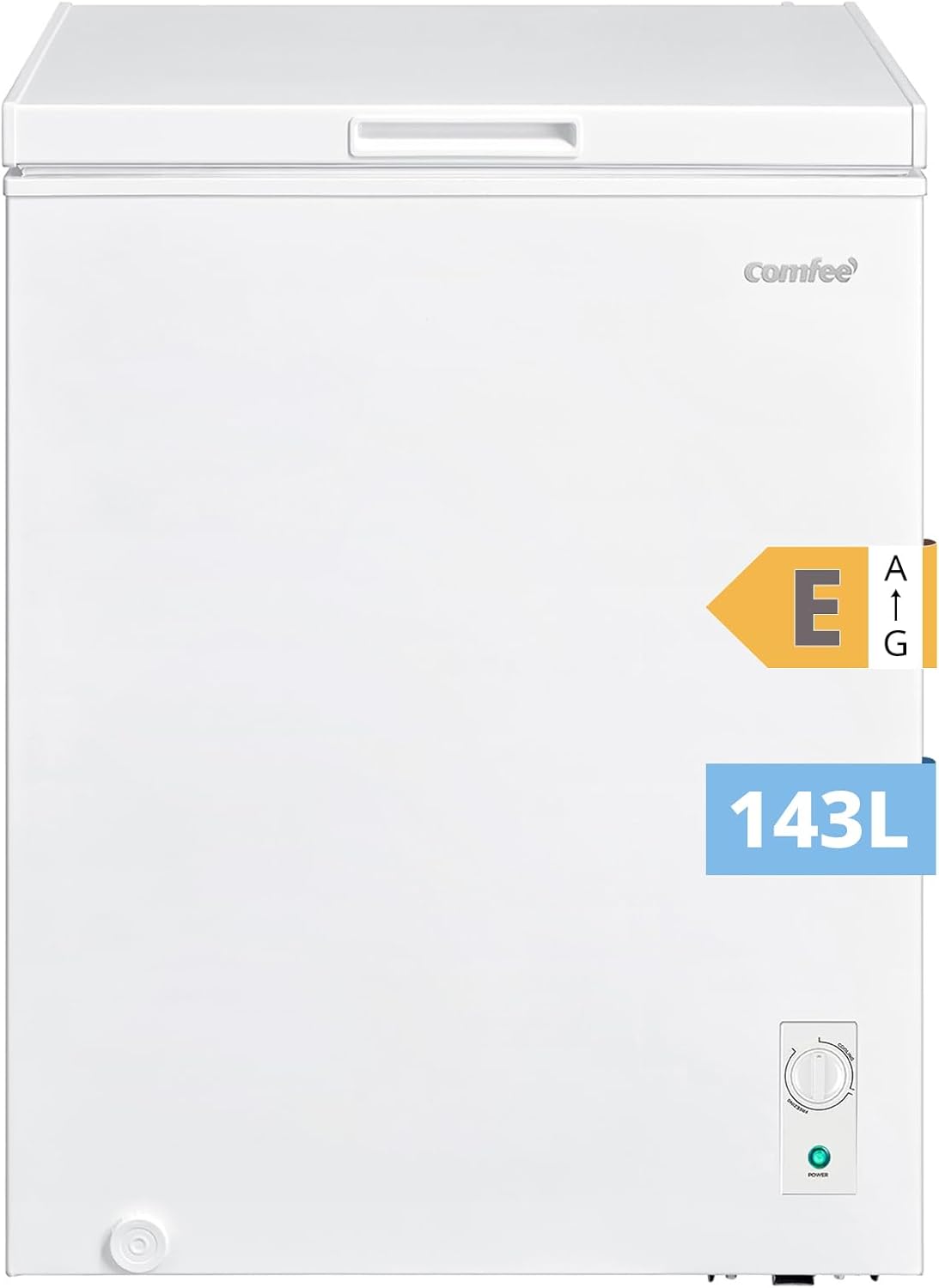 COMFEE' RCC146WH2EU(E) Congélateur coffre autonome 143L convertible congélateur/réfrigérateur, compresseur inverter, 4 étoiles, adapté aux dépendances, garages et abris, blanc [Classe énergétique E]
