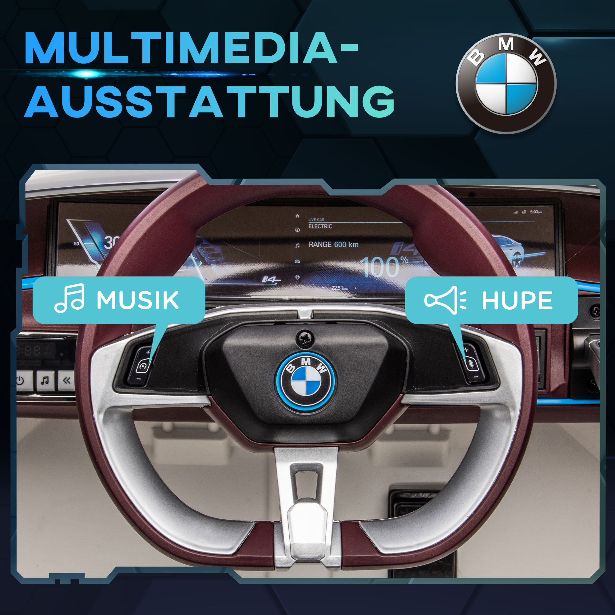 Kinderauto, oplaadbare accu, 3-5 km/u, met afstandsbediening, multimediaspeler, wit