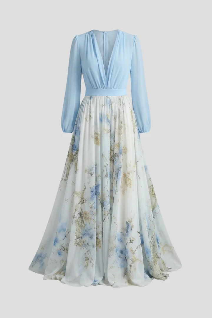 Damen Maxikleid mit V-Ausschnitt und transparenten ?rmeln | Flie?endes Langarmkleid mit Taillenbund und Allover-Print