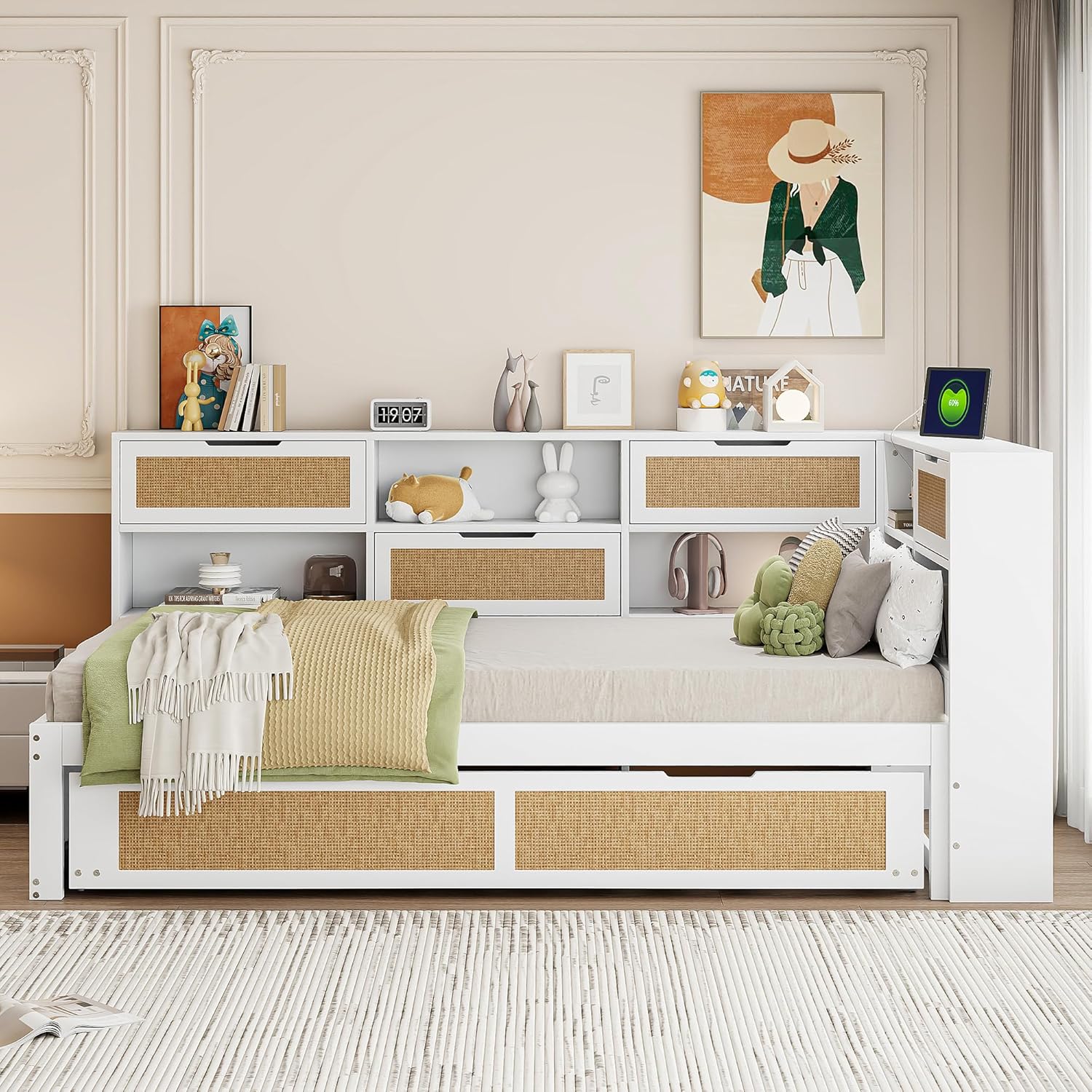 Tagesbett Schlafsofa 90x200, Holz Multifunktionsbett mit Ausziehbett 90x190 cm, USB-Steckdose und vielen Staufächern, Einzelbett Massivholzbett Kinderbett Daybett mit Lattenrost, Ohne Matratze, Weiß