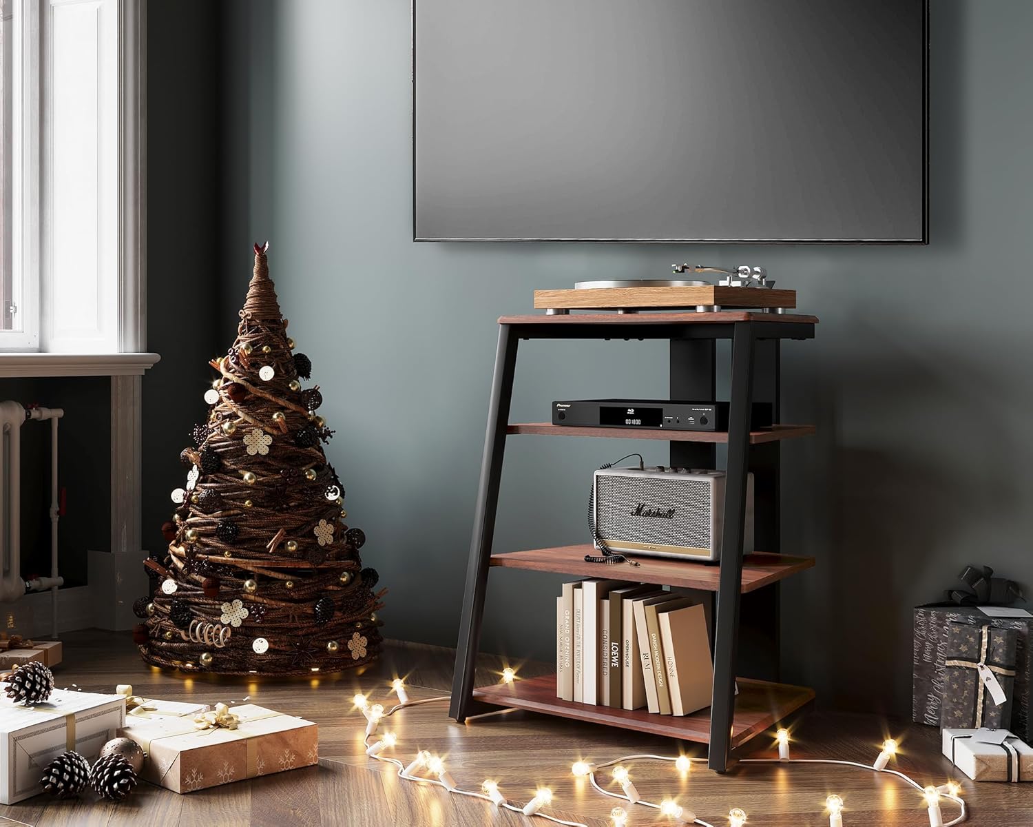 FITUEYES DESIGN HIFI Stojak gramofon, 4-poziomowy, drewniane półki, na wzmacniacz AV / gramofon / Sky box/Xbox One/drukarkę wielofunkcyjna regulacja wysokości, nośność 50 kg