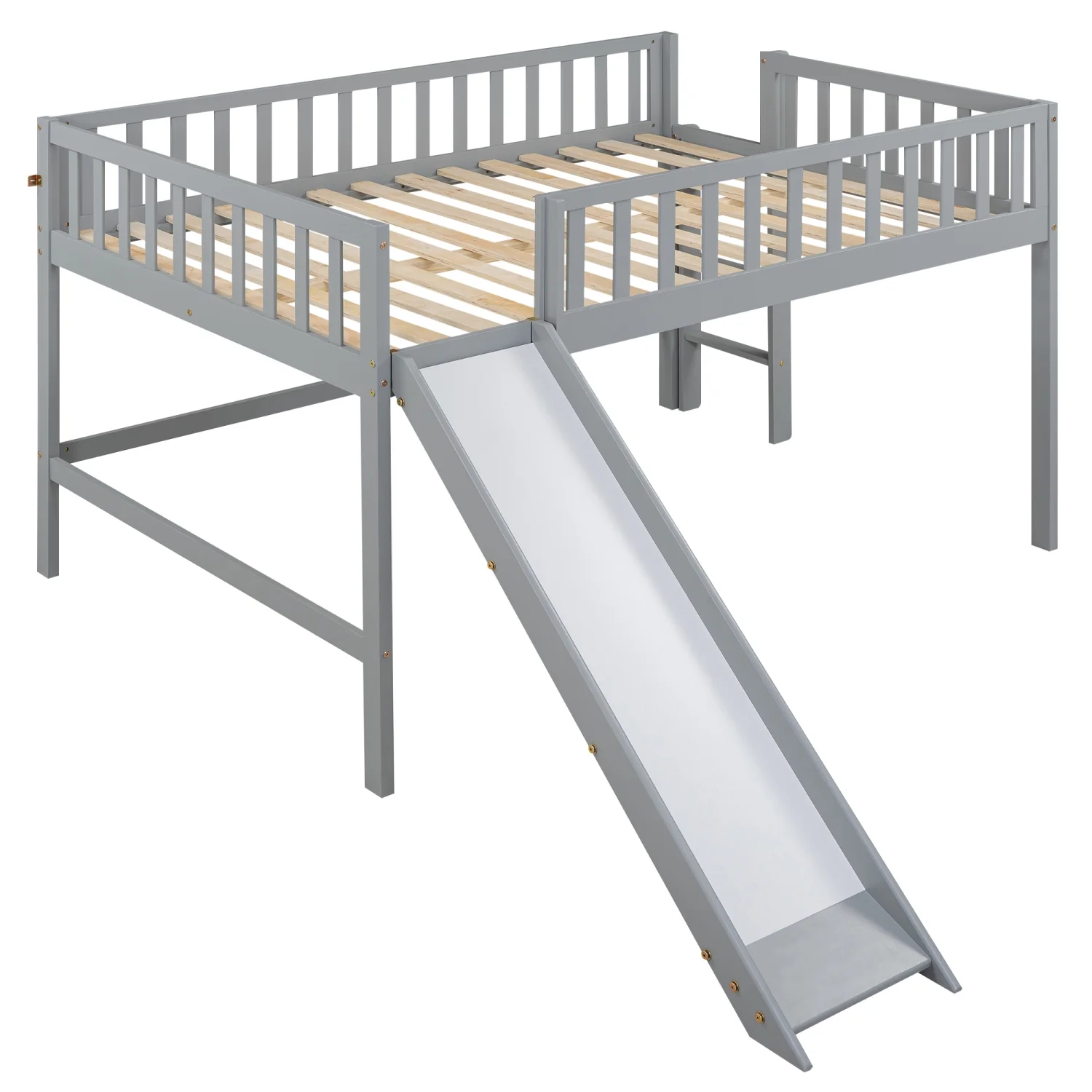 2025 Grijze Laag Hoogslaper Bed met Leuk Trapje en Glijbaan voor Kinderkamer