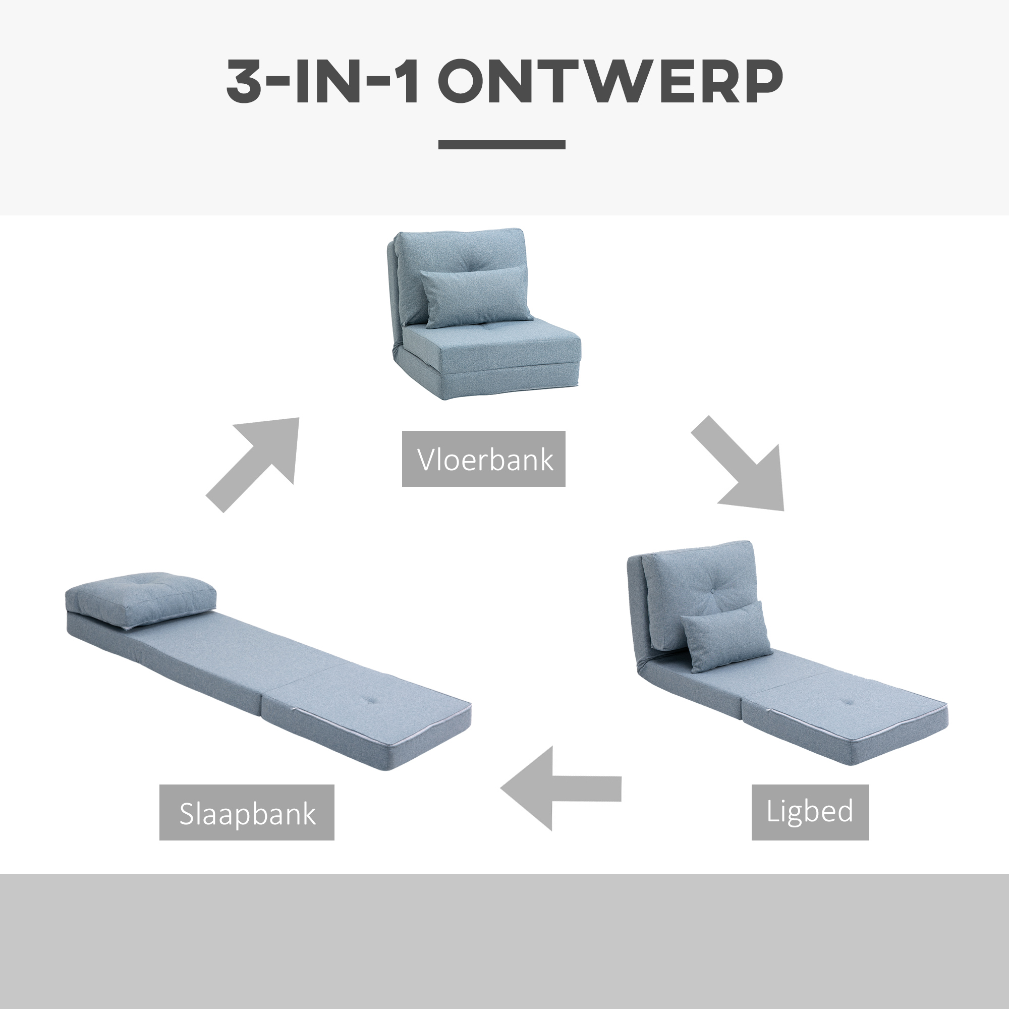 Vloerstoel Opvouwbaar Matras Slaapmat, 2-in-1 design, afneembaar kussen, 60 x 80 x 56 cm, Hemelsblauw