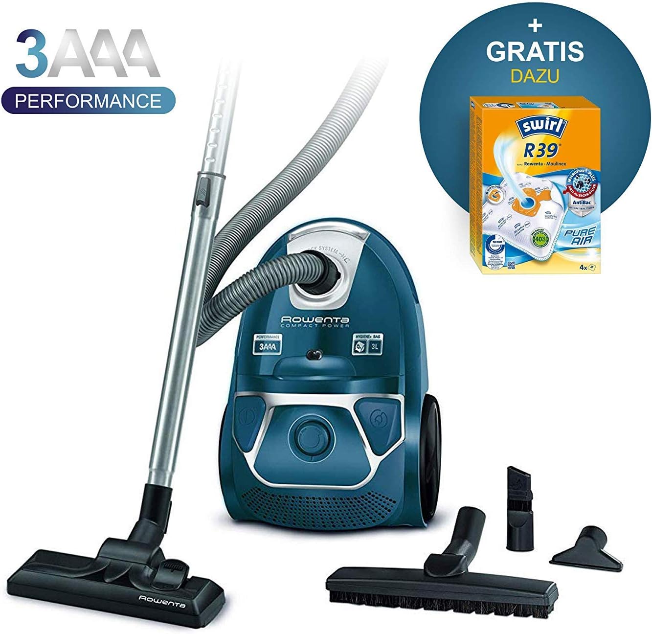 Rowenta RO3950 Staubsauger mit Beutel + 4er Pack Swirl R 39 Staubsaugerbeutel für Dauerhaft hohe Saugleistung, 3L Beutelvolumen, 750 W = 2000W, extrem leise, Hygienefilter, mit Parkettdüse