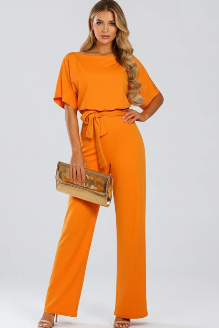 Damen Jumpsuit mit weitem Bein und G��rtel | Kurzarm Einteiler mit Rundhalsausschnitt | Flie?ender Hosenanzug f��r Damen