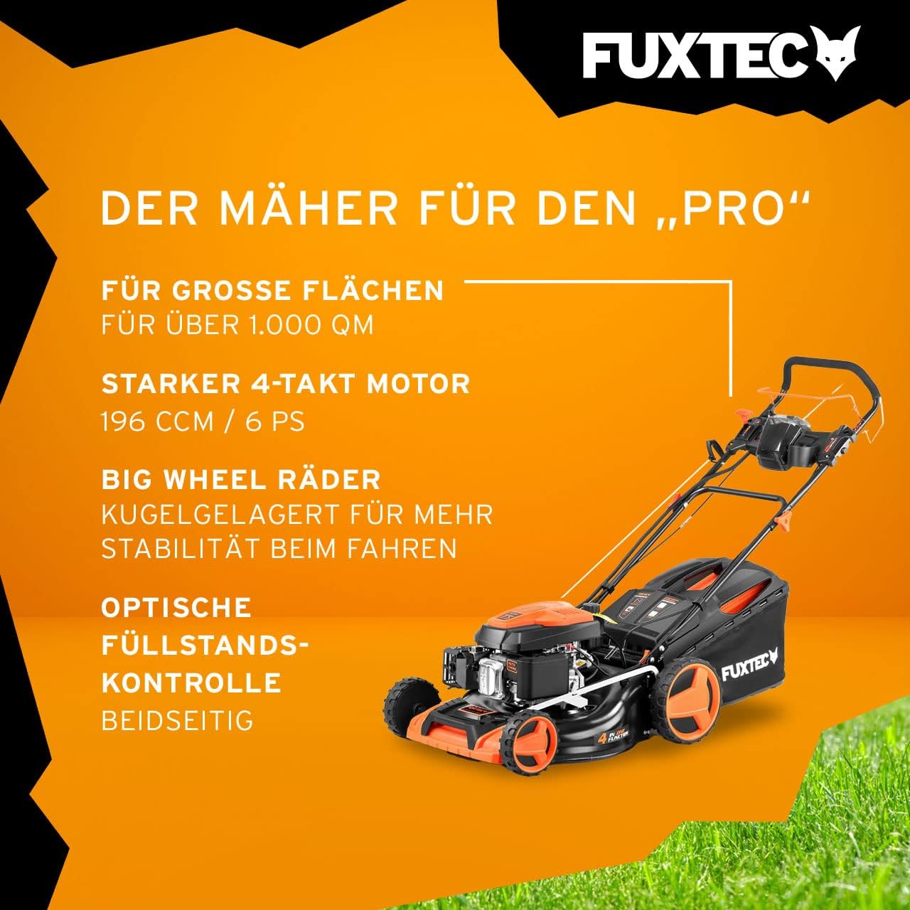 FUXTEC 4in1 Benzin Rasenmäher FX-RM5196eSPRO mit E-Start und regulierbarem Selbstantrieb, Gartenmäher inkl. Frontstoßstange, 51 cm Schnittbreite, kugelgelagerte Big Wheel Räder, 60L Grasfangkorb