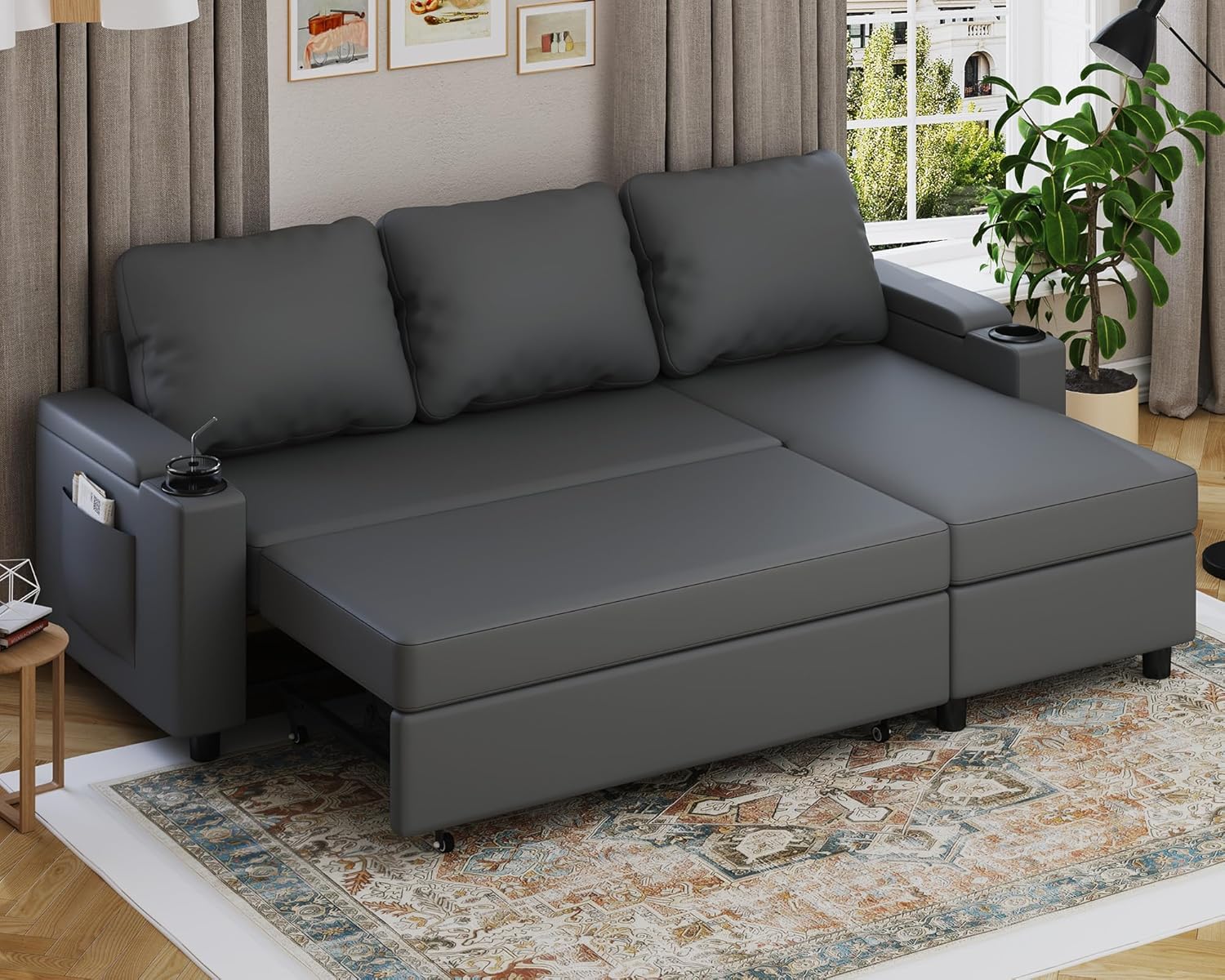 Devoko Ecksofa mit Schlaffunktion und Bettkasten L-Form Sofa 3-Sitzer Ausziehbares Schlafsofa Leder Couch Kleines Schlafcouch für Wohnung und Wohnzimmer, Schwarz