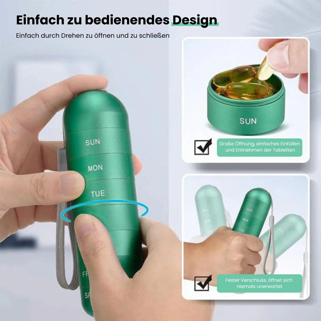 Aluminium Aufbewahrungsbox mit 7 Fächern - Reisebox für Tabletten & Vitamine