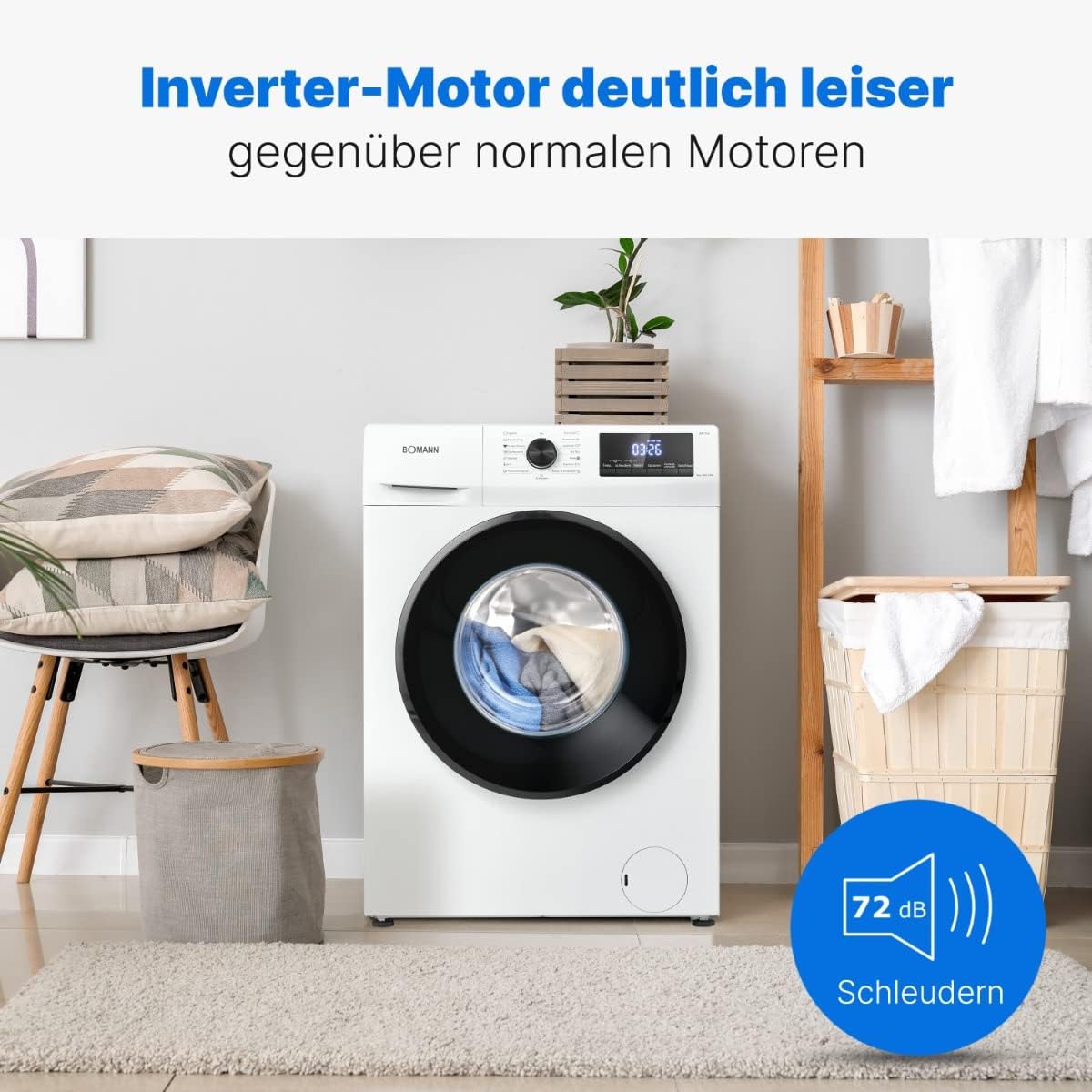 Bomann® Waschmaschine 8kg | max. 1400 U/min | 10 Jahre Motor-Garantie | robuster, leiser & langlebiger Invertermotor | 15 Waschprogramme | LED-Display | Washing Machine mit Dampffunktion | WA 7185