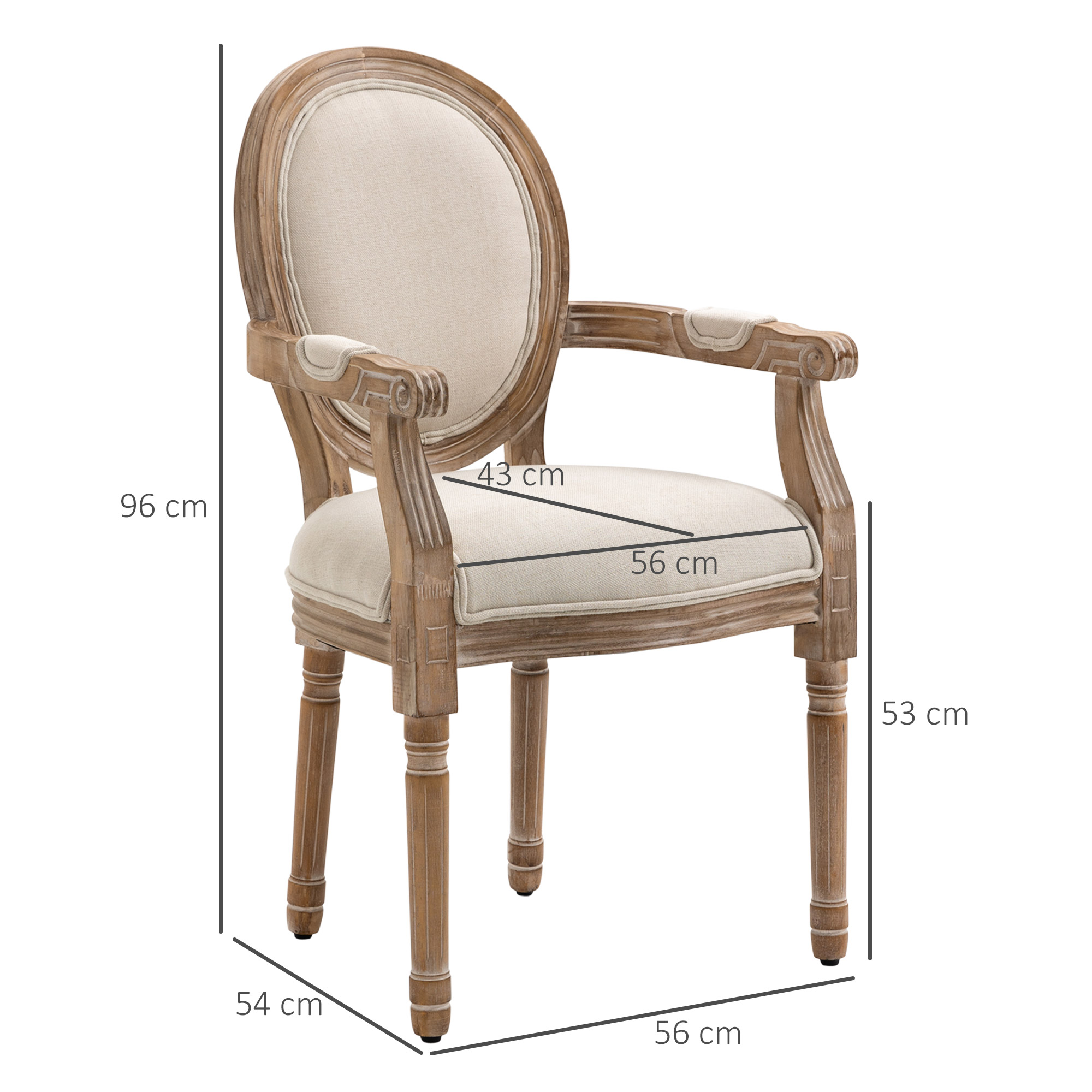 Keukenstoel in Antiek Design, Ademende Bekleding, Linnen Look, Massief Houten Frame, 56 x 54 x 96cm, Cr��mewit
