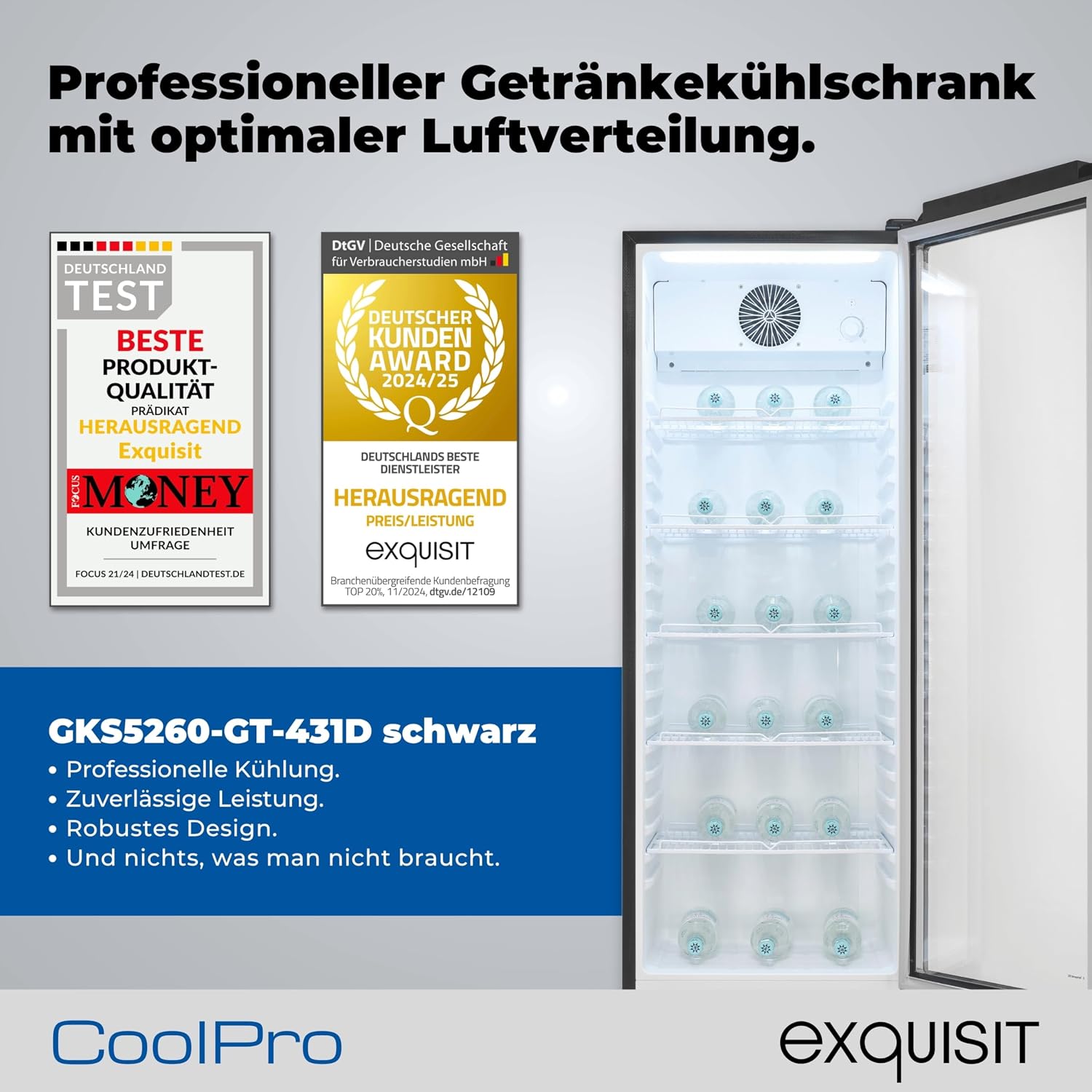 Exquisit Glastürkühlschrank, 280l Getränkekühlschrank mit LED, Umluft, 5 verstellbare Ablagen, CoolPro, GKS5260-GT-431D schwarz