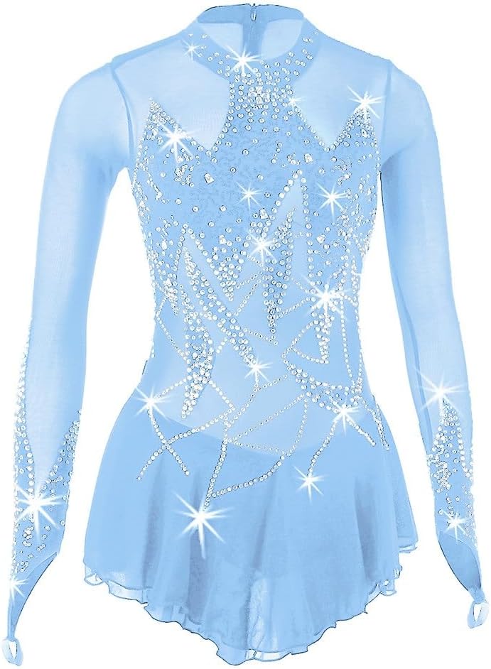 Eislaufen Kleid for Frauen, Sky Blue Handgemachte Eiskunstlauf Berufswettbewerb Kostüm Auf Bestellung Langärmelkleid