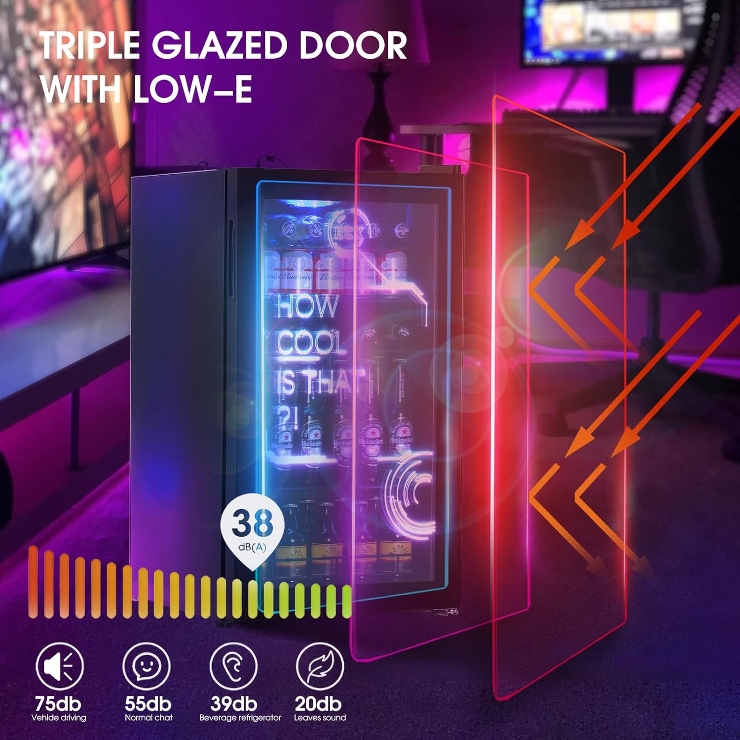 HCK Réfrigérateur Pour Boissons, Mini Frigo Avec éclairage Moderne Cyberpunk, 98L Petit Frigo Silencieux de 0-10°C, Mini Bar Intérieur, Pour Salle de Jeux, Fête, Noir.
