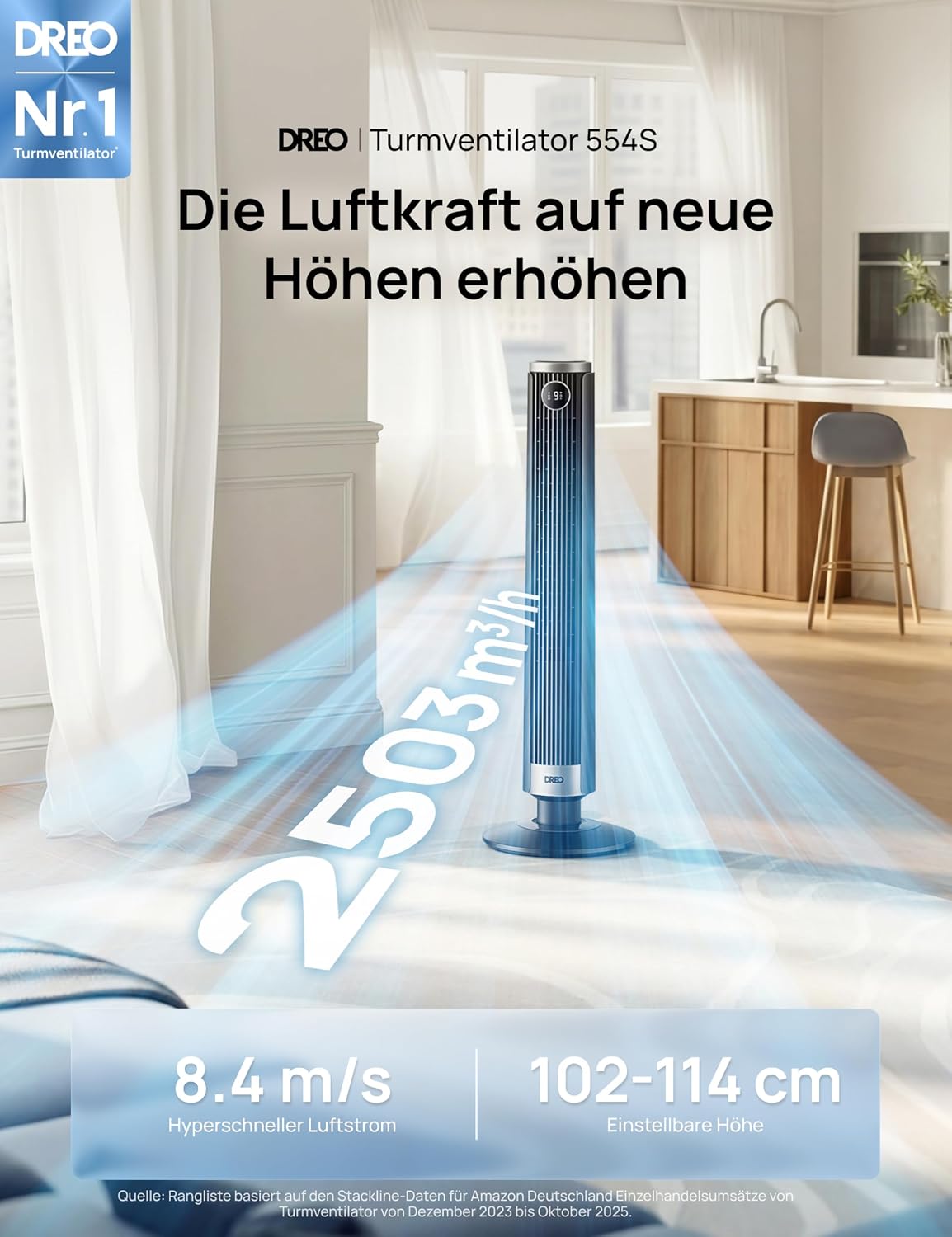 DREO Smart 102–114cm Turmventilator fürs Schlafzimmer, Höhenverstellbar, 8.4m/s, DC-Motor, 9 Stufen, 4 Modi, 90°-Oszillation, Standventilator, 20dB Leise, 12H Timer für Zuhause und Büro, Google/Alexa