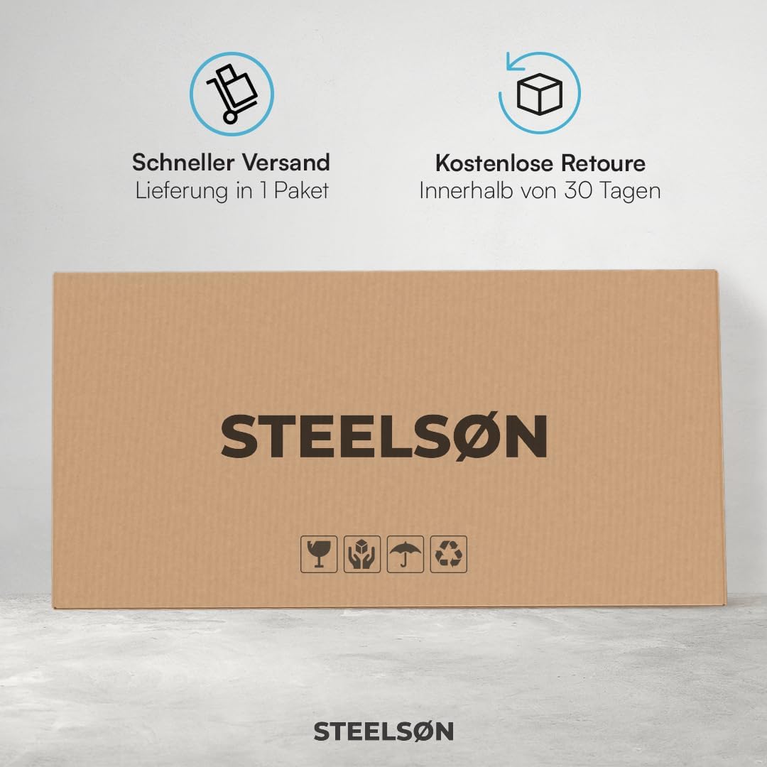STEELSØN Mirador Gartenbank 3 Sitzer schwarz – Sitzbank Outdoor aus Polyrattan – Balkonbank wetterfest – Rattanbank mit ergonomischer Lehne – Parkbank bis 320kg belastbar – Bank für Garten/Terrasse