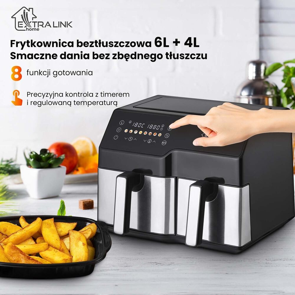 Frytkownica beztłuszczowa Extralink, 2 komory, 2500 W, 6 l i 4 l, czarno-srebrna