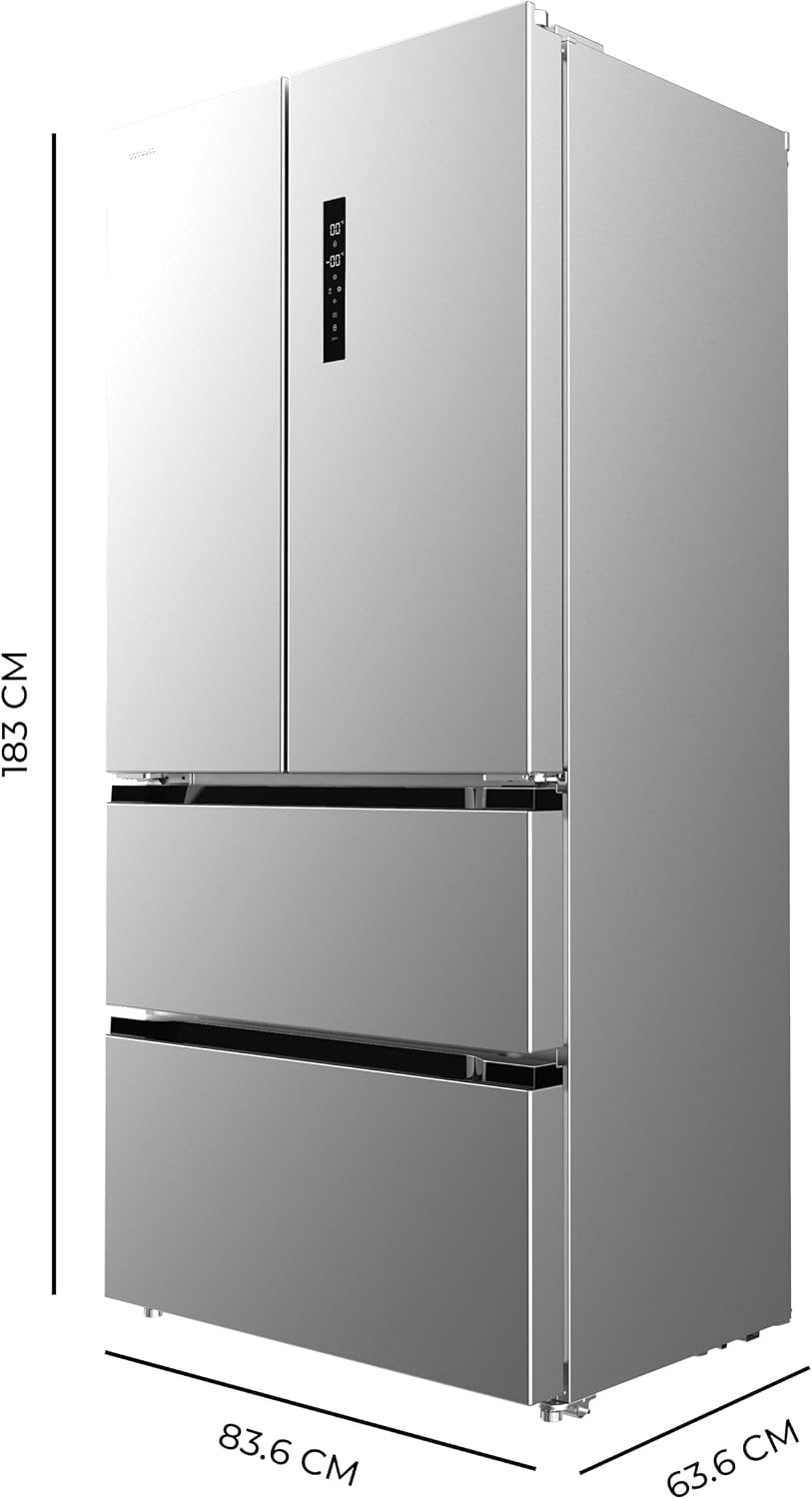 Cecotec Réfrigérateur Porte Française Inox 436L Bolero CoolMarket FD 436 Inox E, 183 x 83,6 cm, Basse Consommation, Compresseur Inverter Plus, Total No Frost, MultiAirFlow et Mode Vacances
