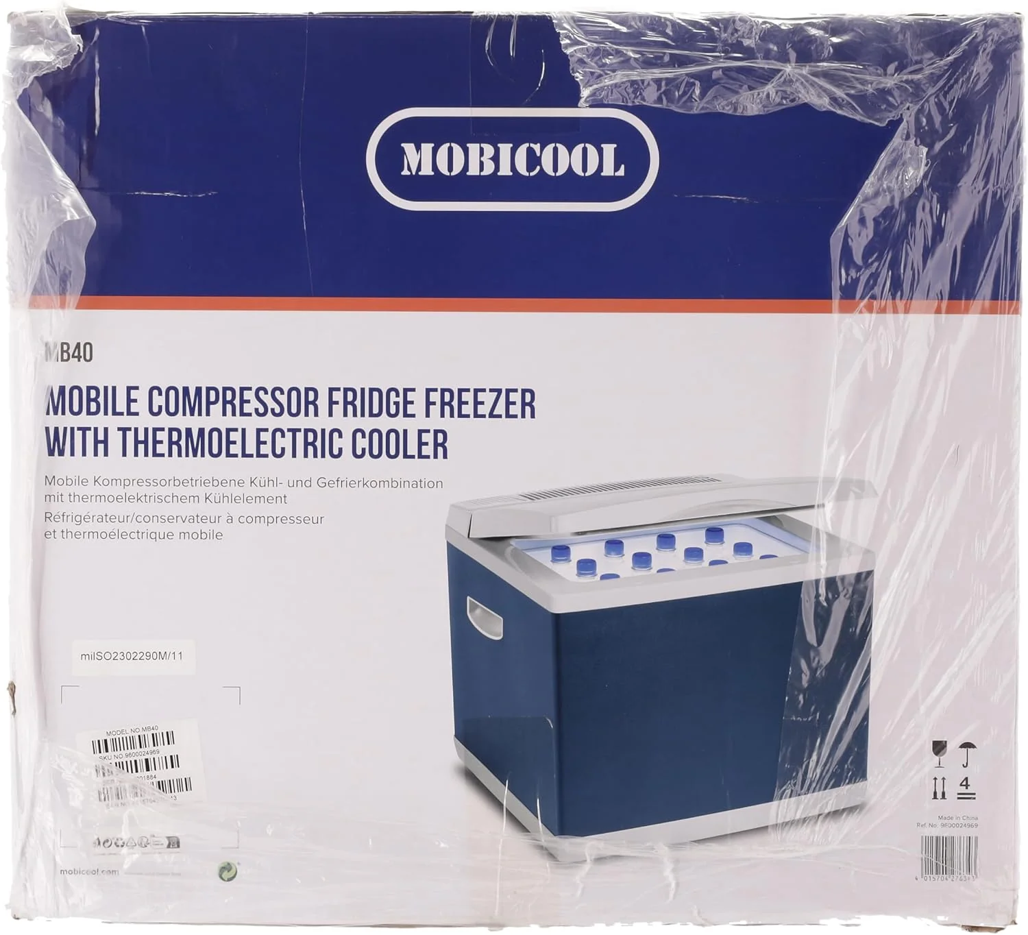 Mobicool MB40, Hybride, draagbare compressor- thermo-elektrische koelbox/vriezer, 38 liter, 12 V en 230 V voor auto, vrachtwagen, stopcontact, Blauw