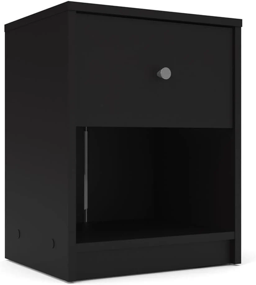 3-Pc Scandinavian Design Engineered Wood Bedroom Furniture Set with 3-Drawer Chest & 6-Drawer Double Dresser & 1-Drawer Nightstand, Pewter Plastic Handles, Smooth Plastic Glides, in Black
