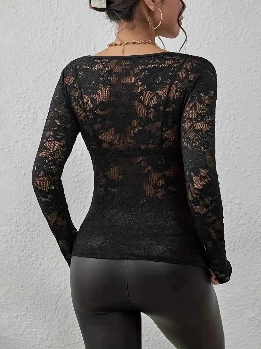 Transparentes Spitzen Langarm Top f��r Damen mit Herz Ausschnitt
