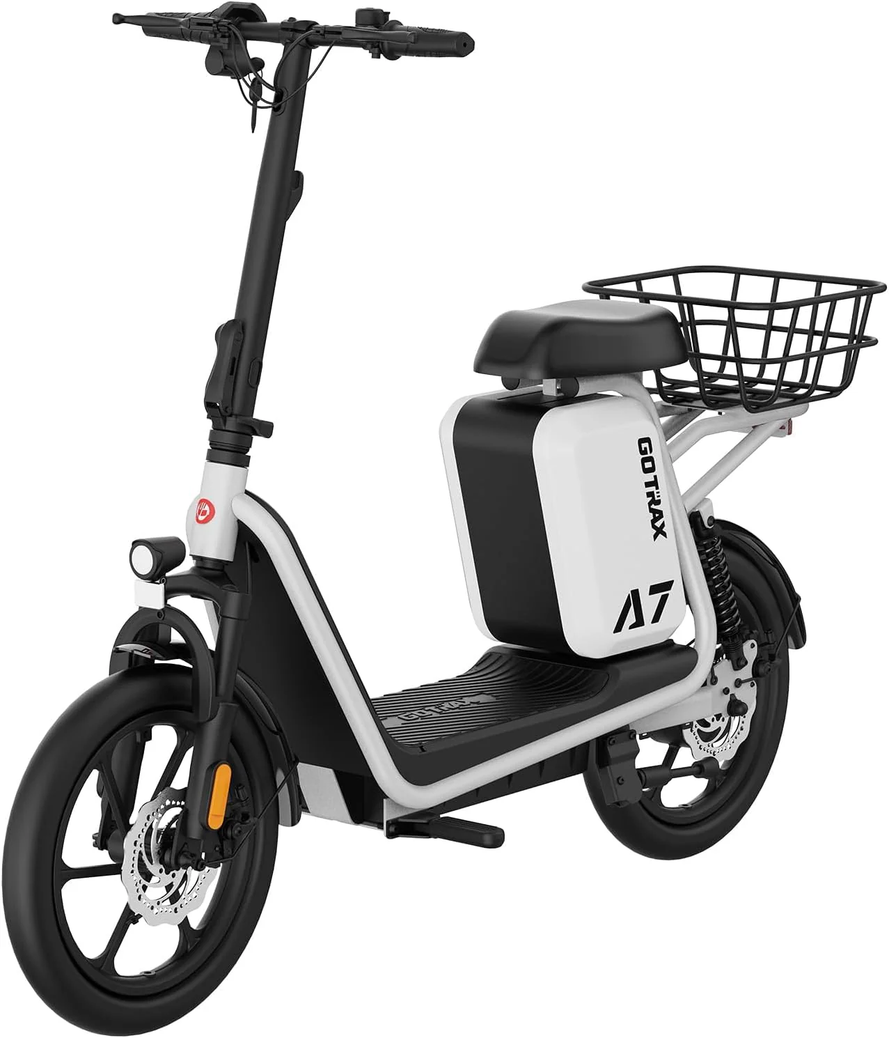 Gotrax adult electric scooter with seat, maximum range of 19-25 miles, all-terrain tires, wide pedals, padded seat, and carrycot