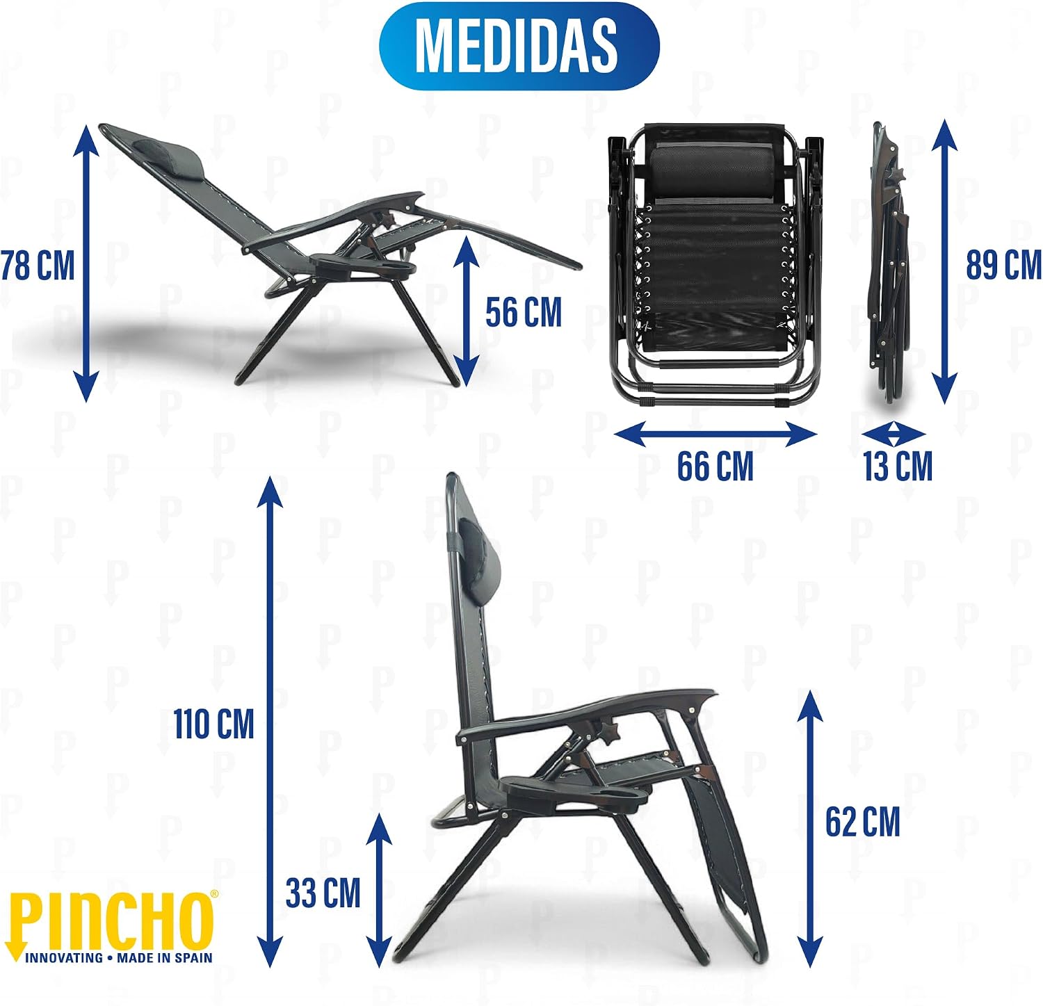 Pincho Tumbona Jardin Exterior Plegable de Gravedad Cero - Pack 2 Sillas Reclinables o Hamacas para Playa, Terraza y Camping con Portavasos, Ligeras y Cómodas (Negro)