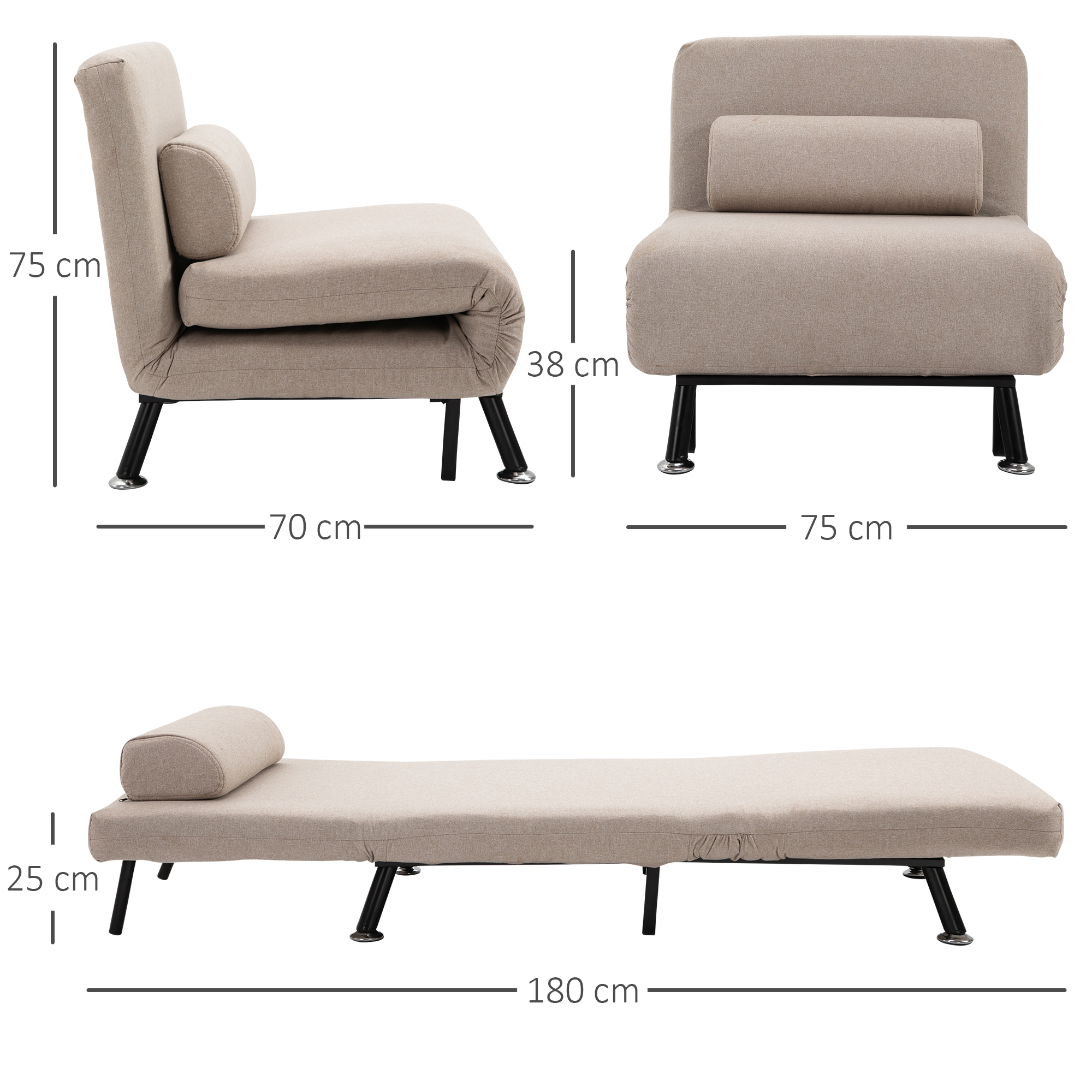 Opklapbare Stoel met Slaapfunctie, Opvouwbare Relaxstoel in Linnenlook, Verstelbare Rugleuning, 75 x 70 x 75 cm, Beige