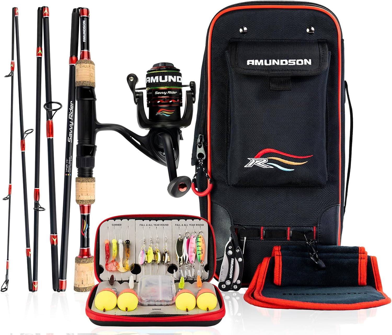 Amundson Angelrute und Rolle, Kombi, automatische Erweiterung, Graphit, Carbon, Aluminiumspule, tragbar, Reise- und Camping-Set, für alle Jahreszeiten, Allwetter-Angelköder für Anfänger und Angler,