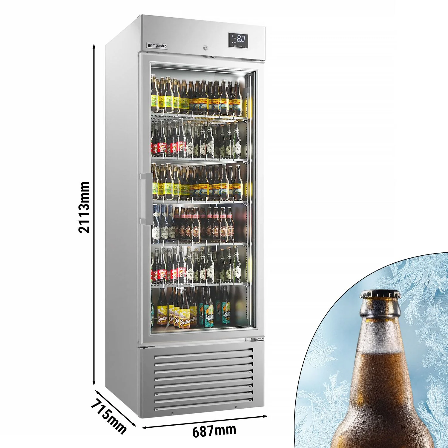 Flaskekjøler - 687 mm - 500 l - digital temperaturstyring - innvendig i rustfritt stål - med 1 glassdør & LED-belysning