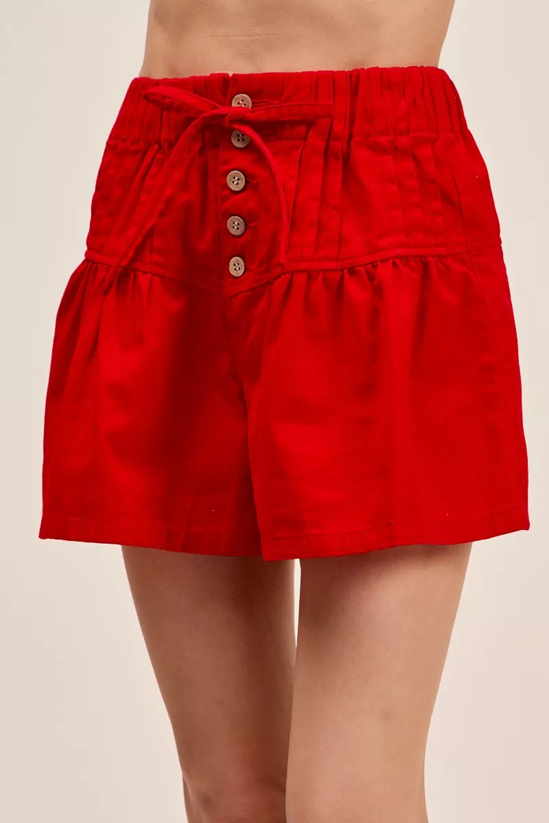 SO ME Solid Twill Denim Pintucked Buttoned Shorts With Waist Tie