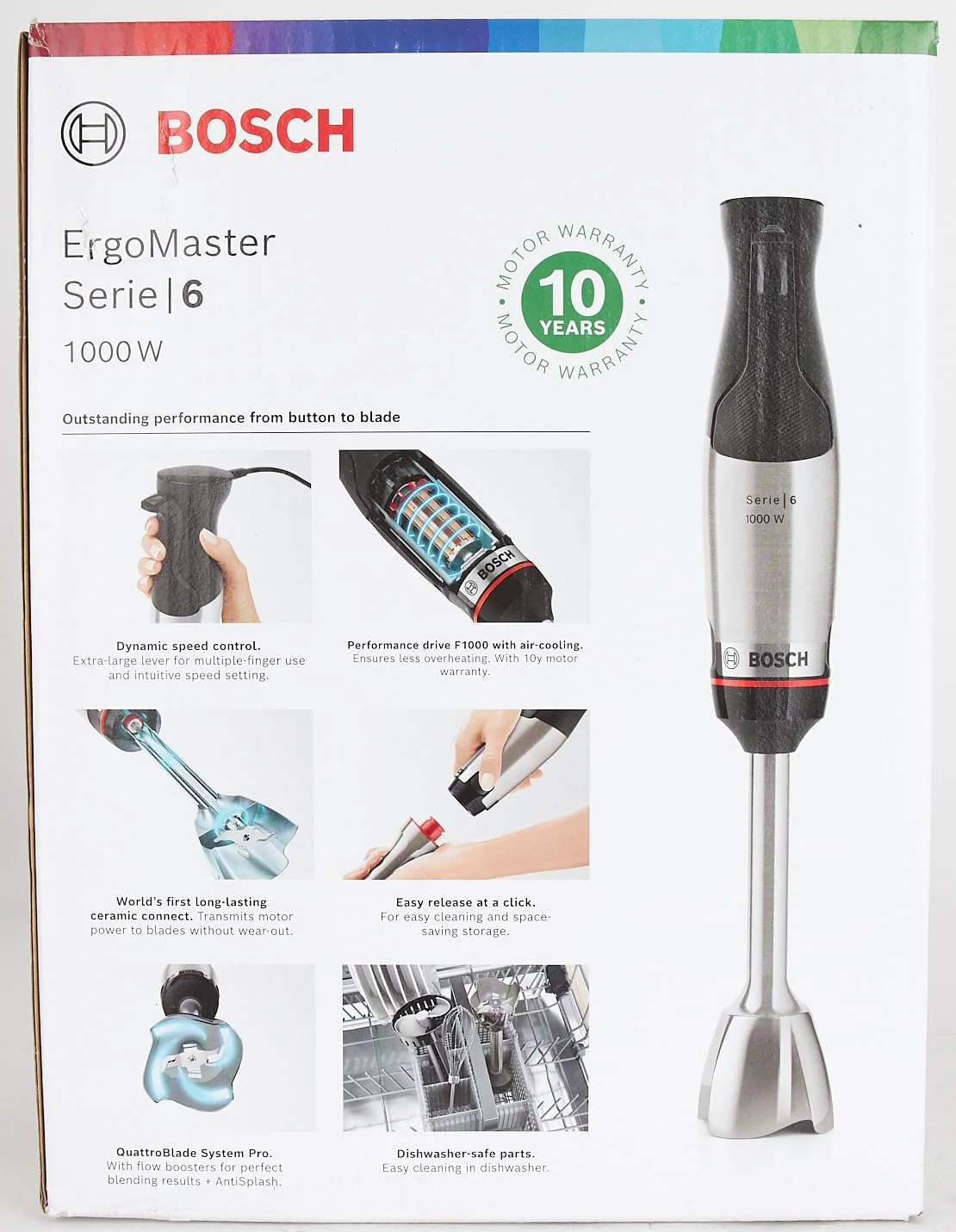 Bosch staafmixer ErgoMaster Serie 6 MSM6M673, 10 jaar motorgarantie, roestvrijstalen messen, slijtagevrije keramische koppeling, luchtkoeling, hakmolen, pureerstamper, garde, 1000 W