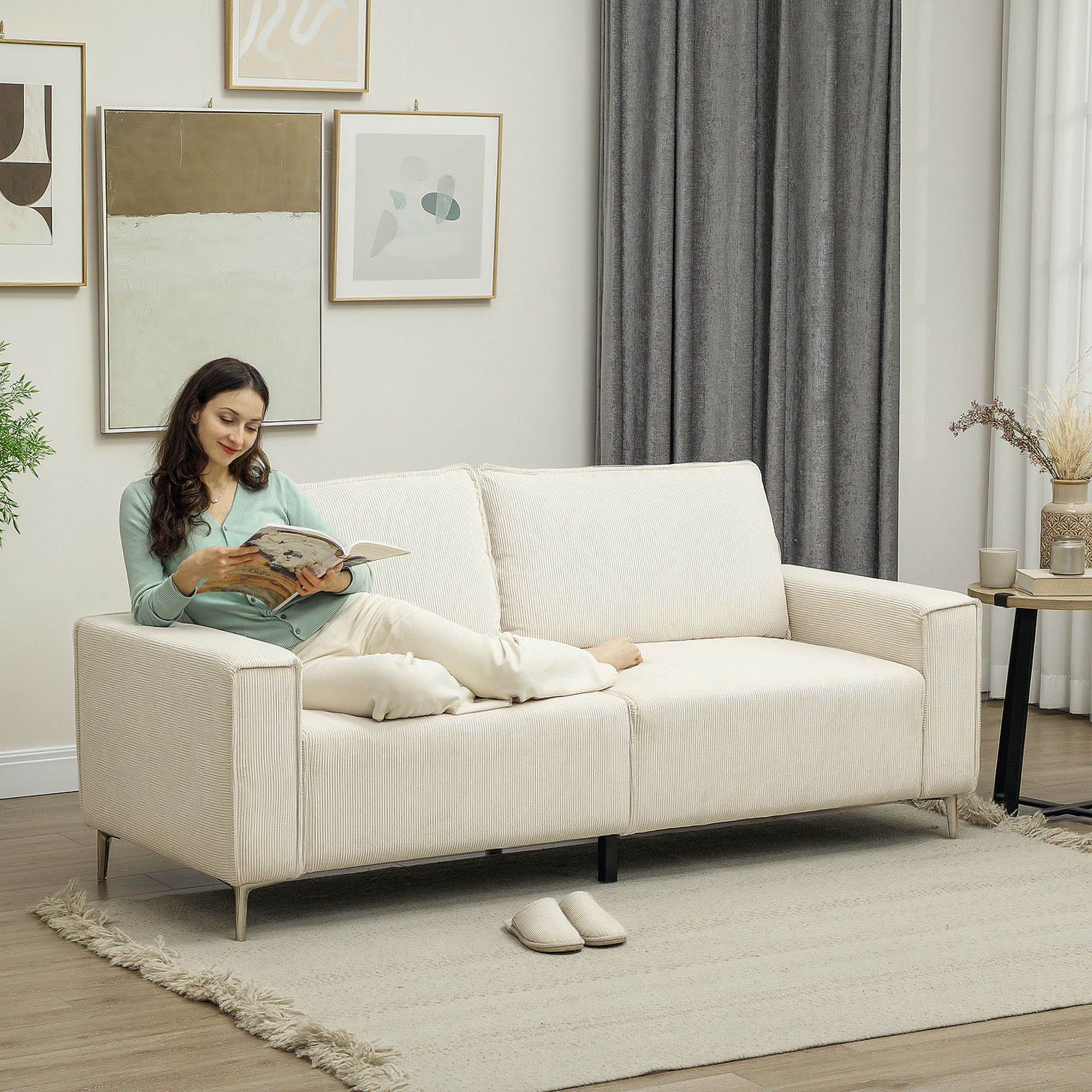 Modern 3-zits bank, Zachte bank met rugkussens, Gepolsterde sofa voor woonkamer, slaapkamer, thuiskantoor, Cr��mewit