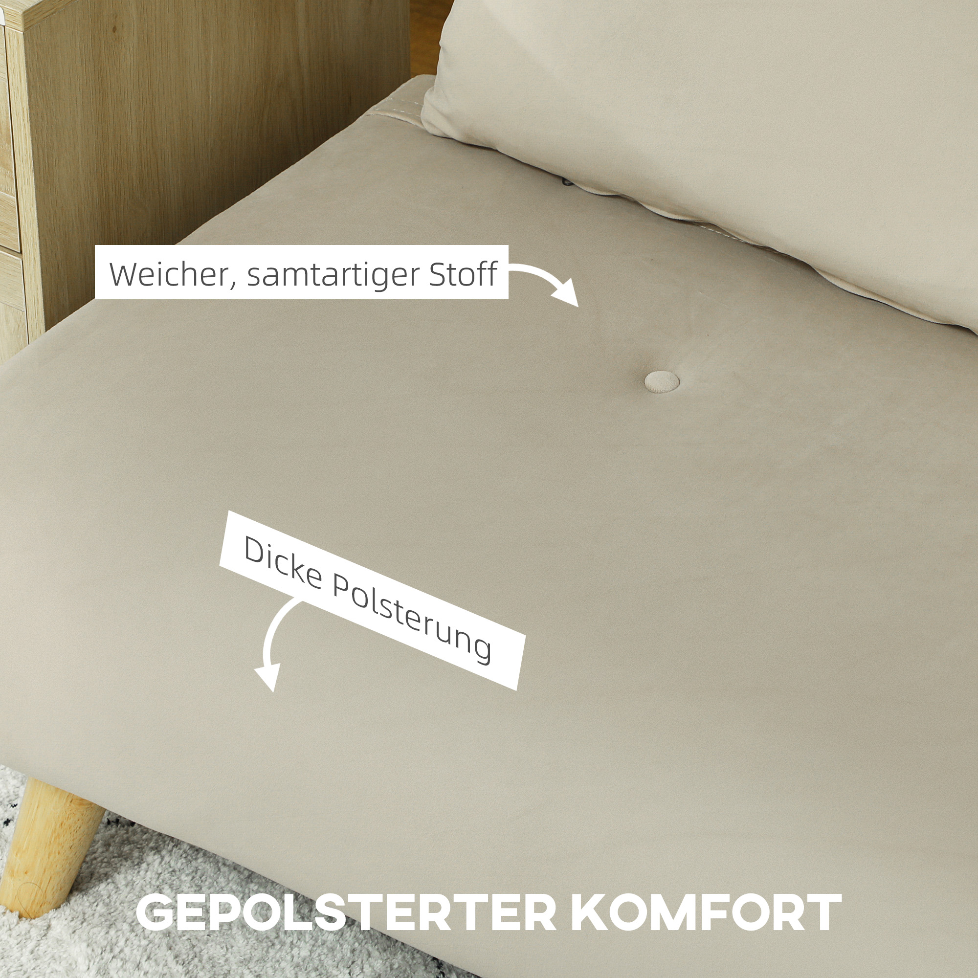 Slaapbank Relaxbank Sofa Couch, Incl. 2 Kussens, Fluweeloptiek, 130 x 78 x 79 cm, Beige