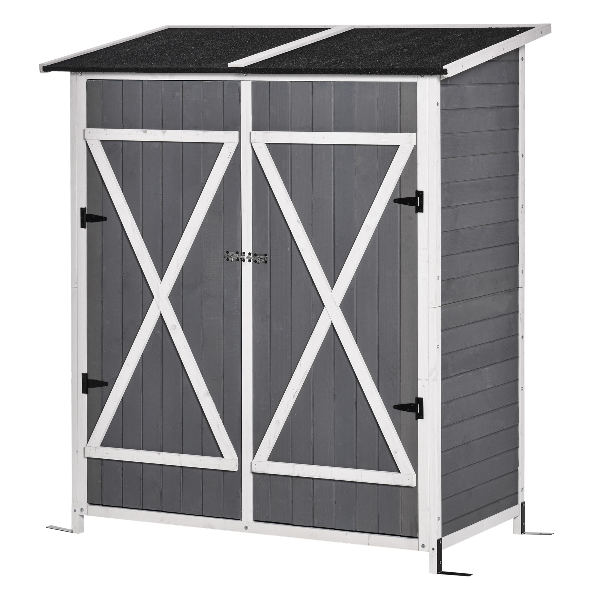 gereedschapsschuur met 2 deurs gereedschapskast met asfaltdak Tuin opbergkast anti-dumping design met grondspijkers dennenhout grijs + wit 139 x 75 x 160 cm
