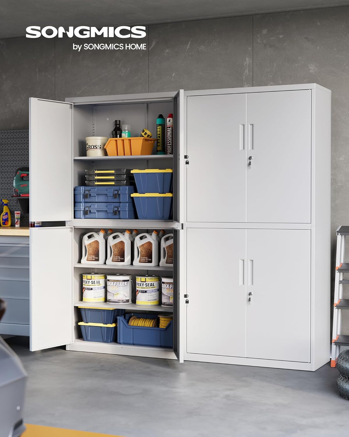 SONGMICS Aktenschrank, Mehrzweckschrank, Büroschrank, mit 4 Türen und 5 Ebenen, 40 x 80 x 180 cm, 2 Schlösser, verstellbare Ablagen, Aufbewahrungsschrank aus Stahl, mattgrau OMC016G01