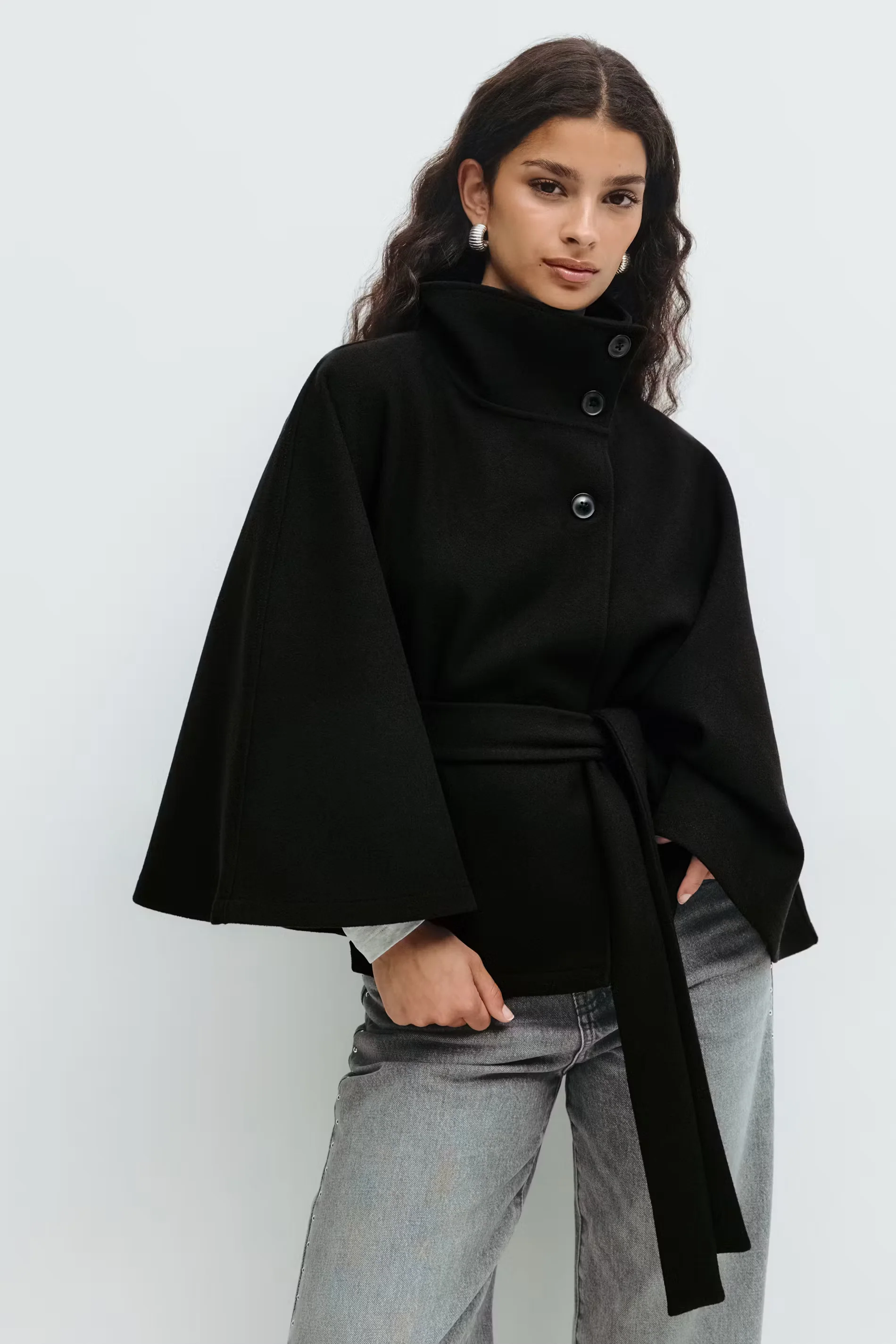 Eleganter Damenmantel mit G��rtel & hohem Kragen