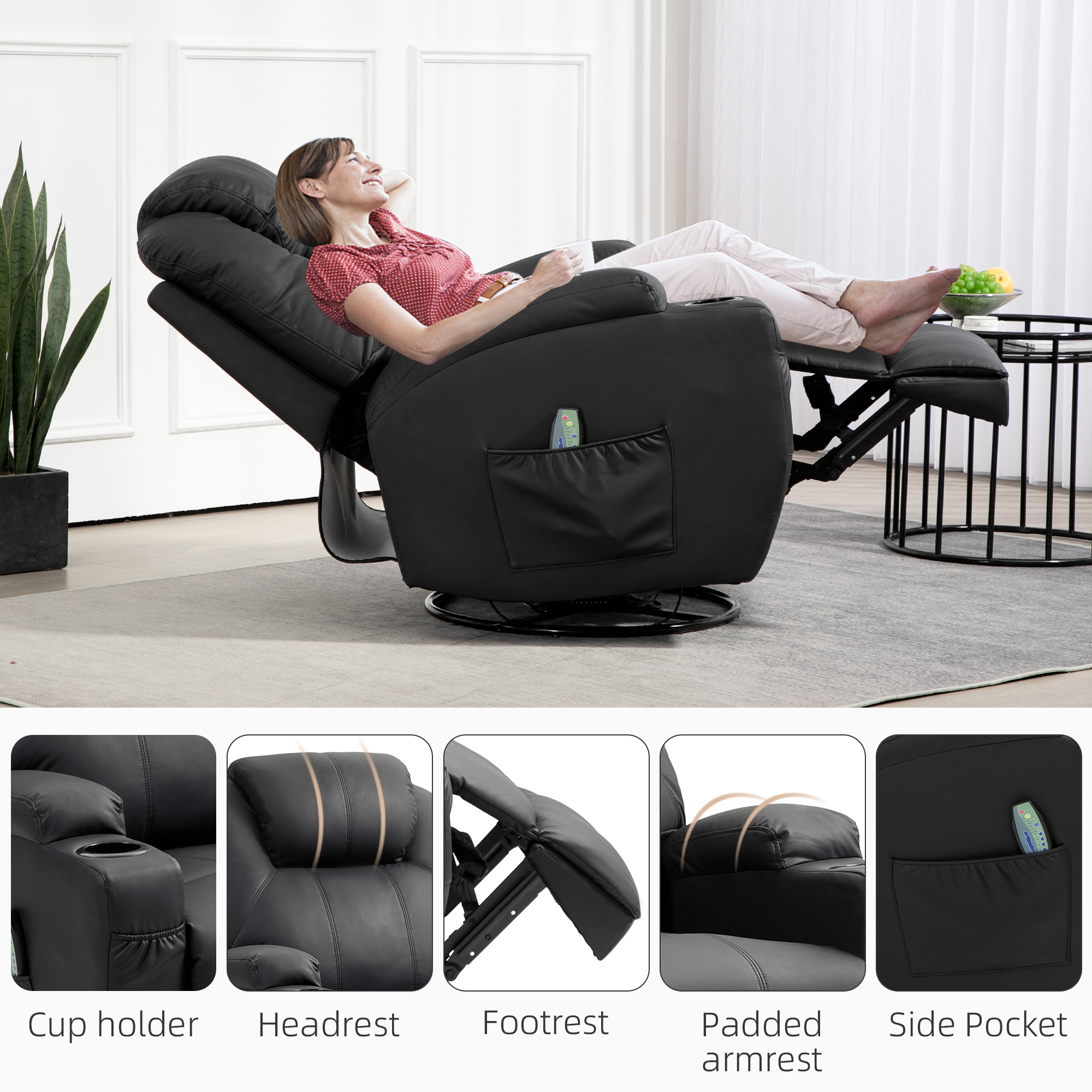 Relaxfauteuil met Massagefunctie, Kantelbare Leuning, Draaibaar, tot 150 kg, Kunstleer, Zwart