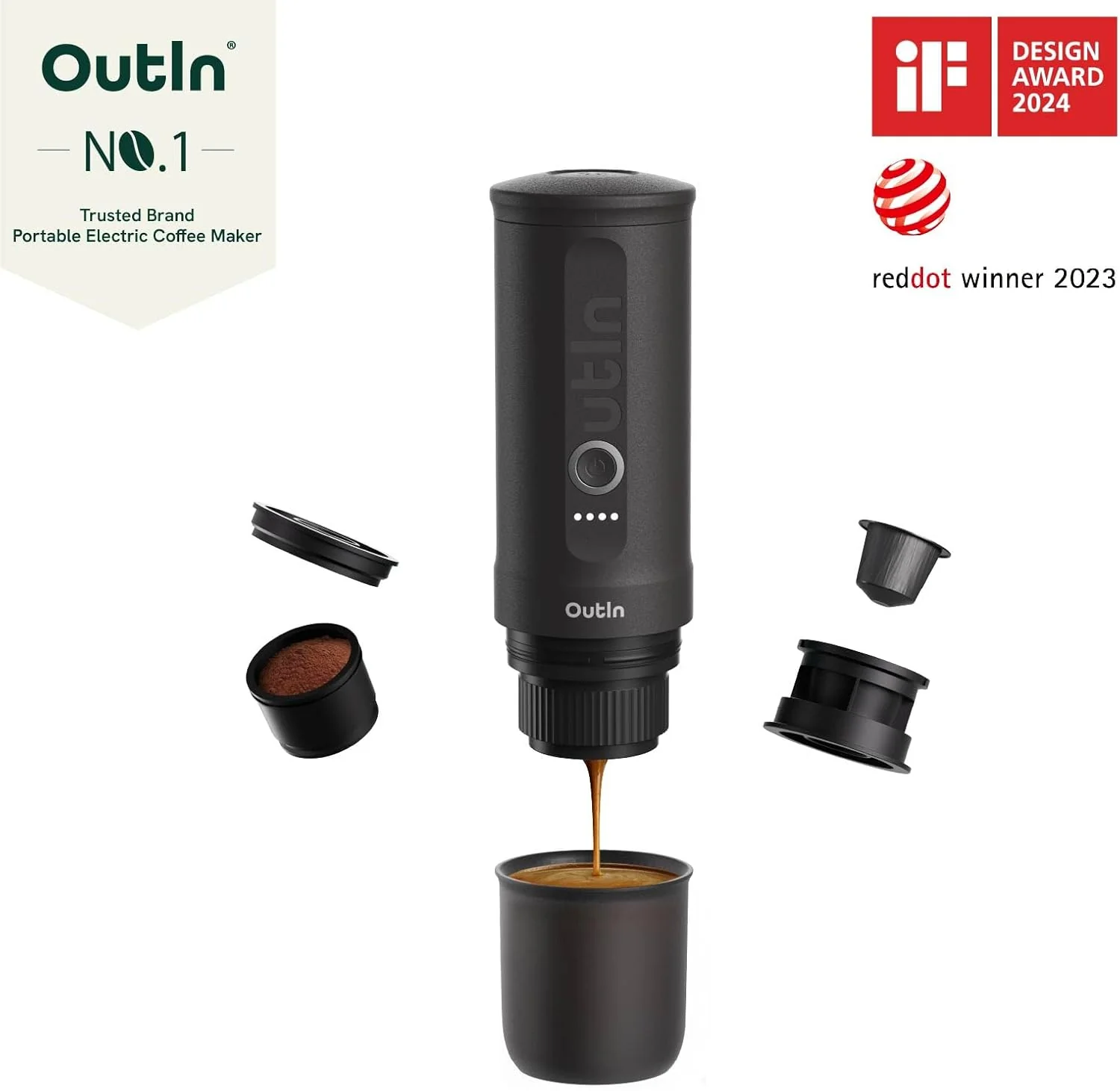 OutIn Nano Draagbare Espressomachine met Batterij, voor onderweg of camping, Koffiezetapparaat to go, met elektrische zelfverwarming via USB - C, 2 in 1 voor gemalen koffie en NS - capsules