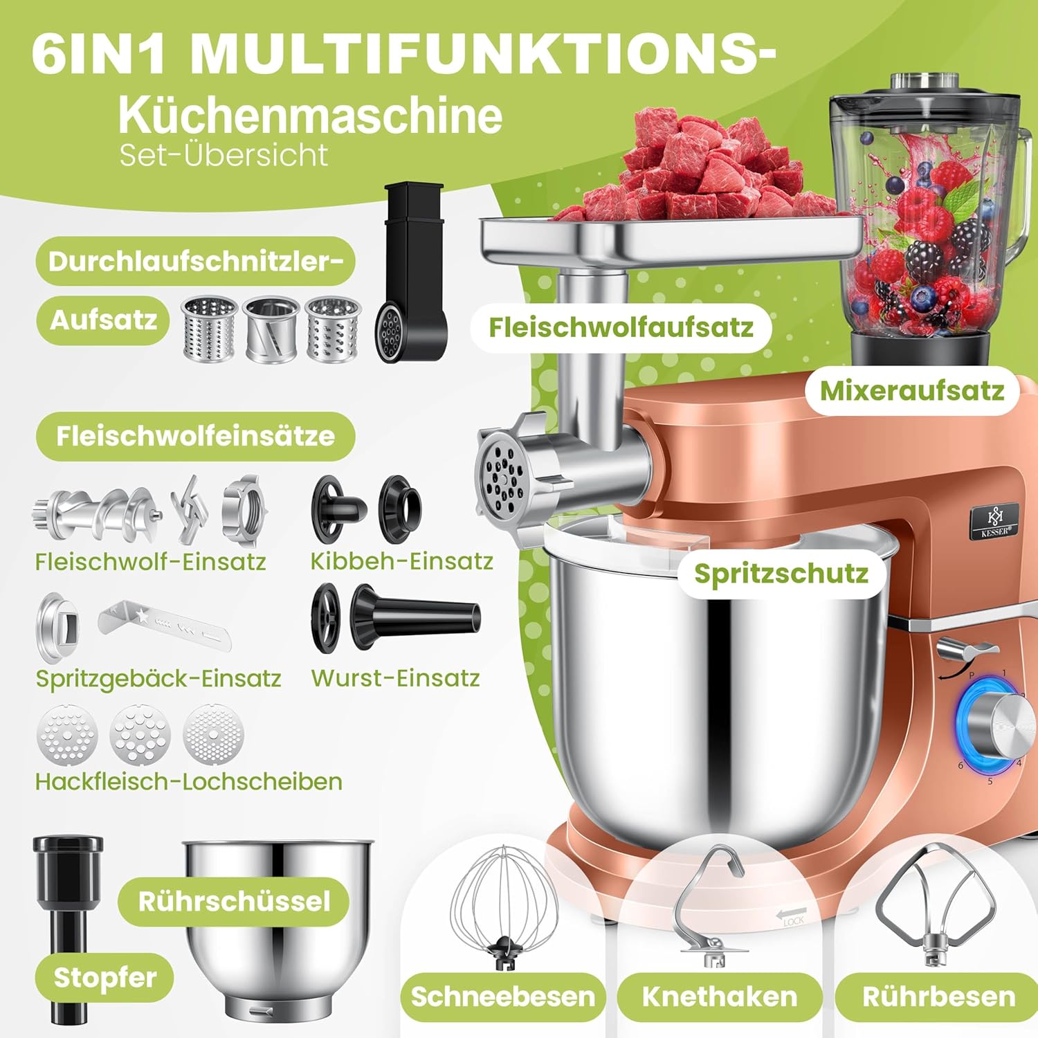 KESSER® Küchenmaschine 3in1 mit Fleischwolf & Mixer, 1500W Knetmaschine 5,5L Rührschüssel + Spritzschutz, 6 Geschwindigkeiten, Knethaken, Schneebesen, Rührhaken & Raspeln, Backen & Kochen, Kupfer