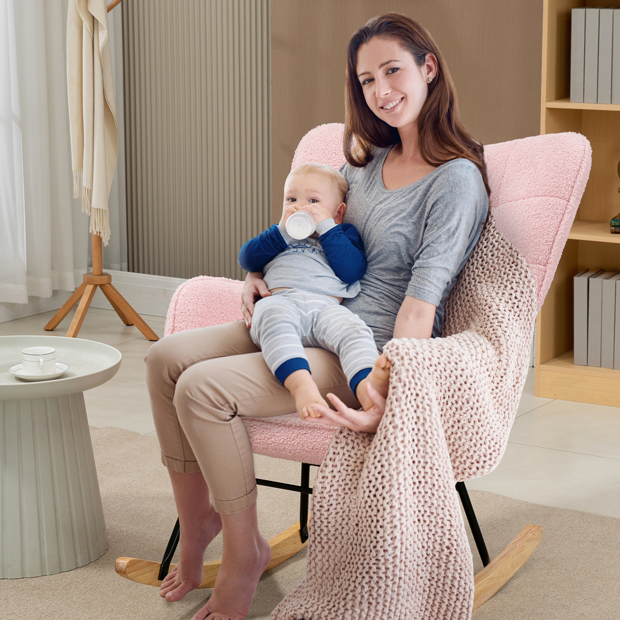 Schommelstoel in retro design, relaxfauteuil, massief hout, roze
