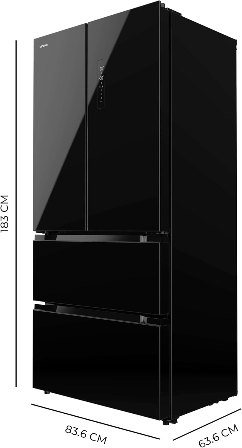 Cecotec Refrigerateur Congelateur 4 Portes Française Bolero CoolMarket FD 436 Black Glass E. Réfrigérateur 436L, verre noir, Total No Frost, MultiAirFlow, Inverter Plus, mode Vacances et alarmes